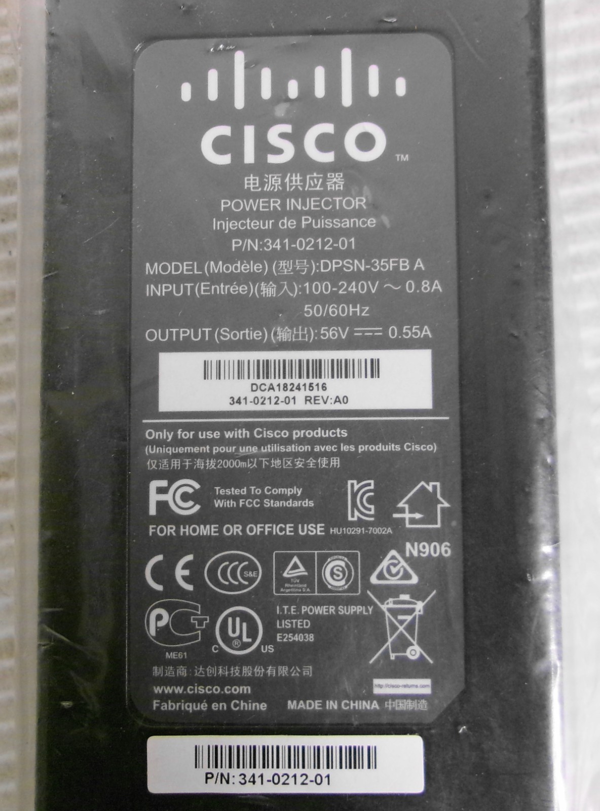 Cisco AIR-PWRINJ4 341-0212-01 Power Injector Input 100-240VAC 0.8A 50/60Hz
