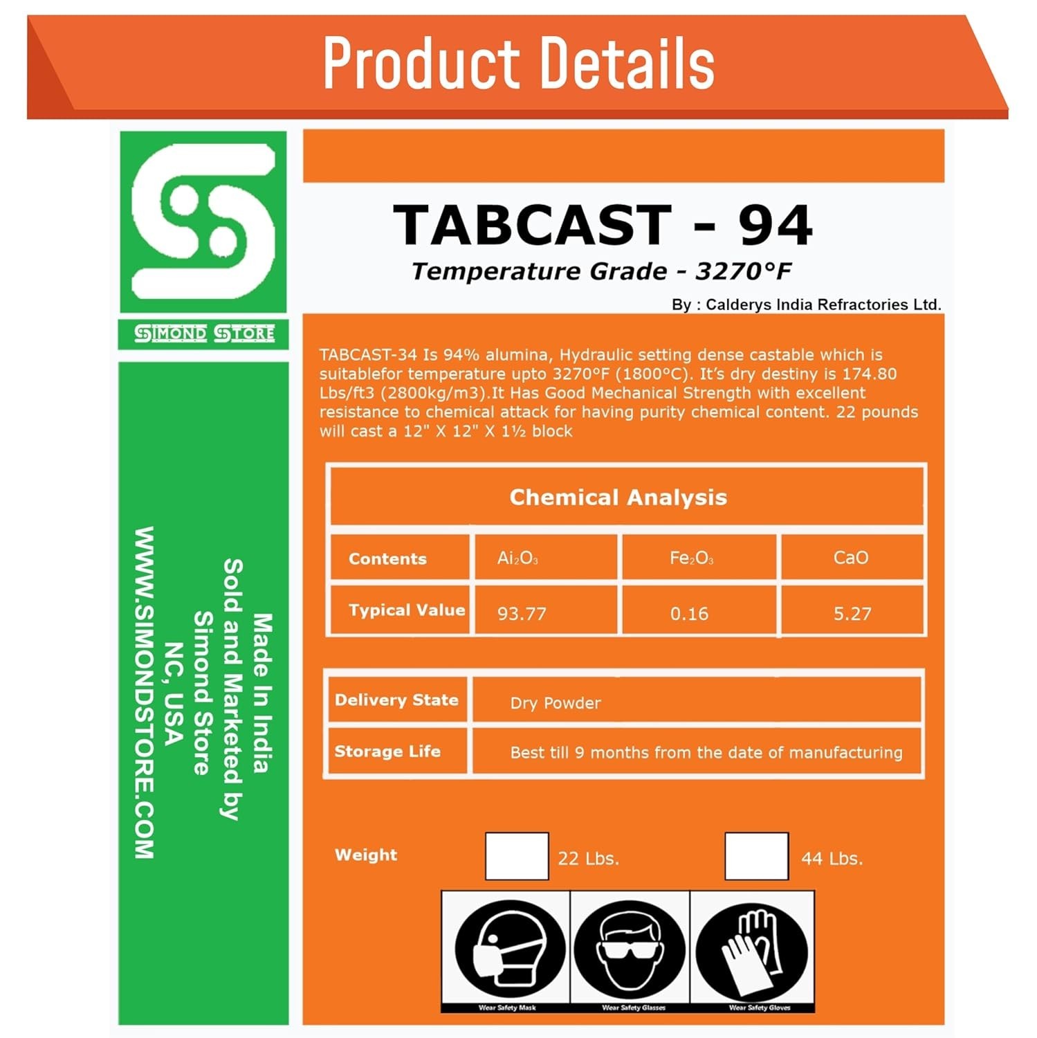 94% Alumina Dense Castable Refractory Cement 44 Lbs.