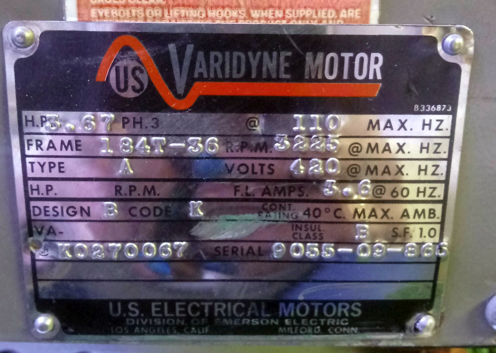 1 USED US ELECTRIC MOTORS K0270067 3.67HP VARIDYNE MOTOR ***MAKE OFFER***