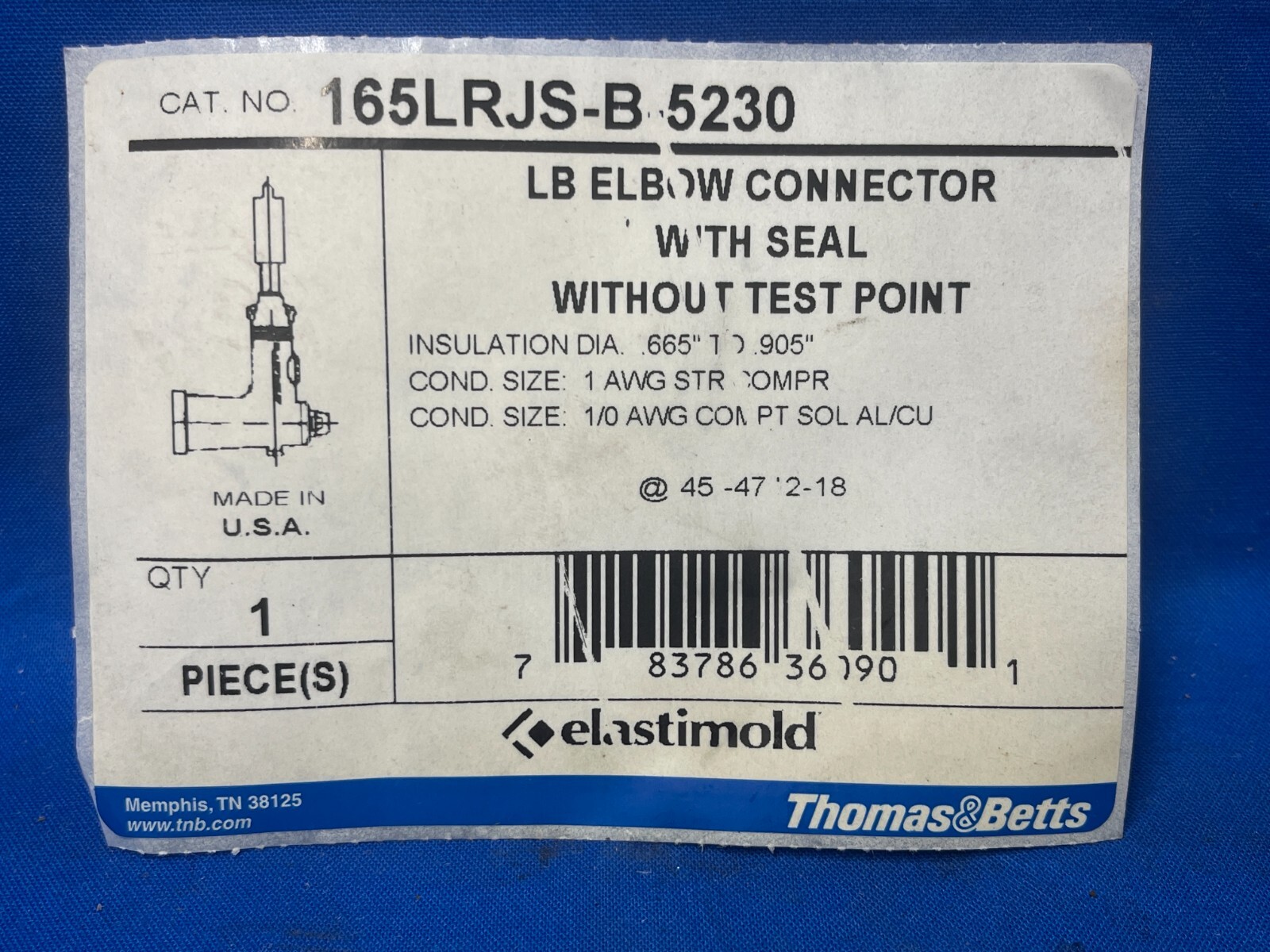THOMAS & BETTS LOADBREAK ELBOW 165LRJS-B-5230 200A 15KV FULLY SHIELDED RUBBER