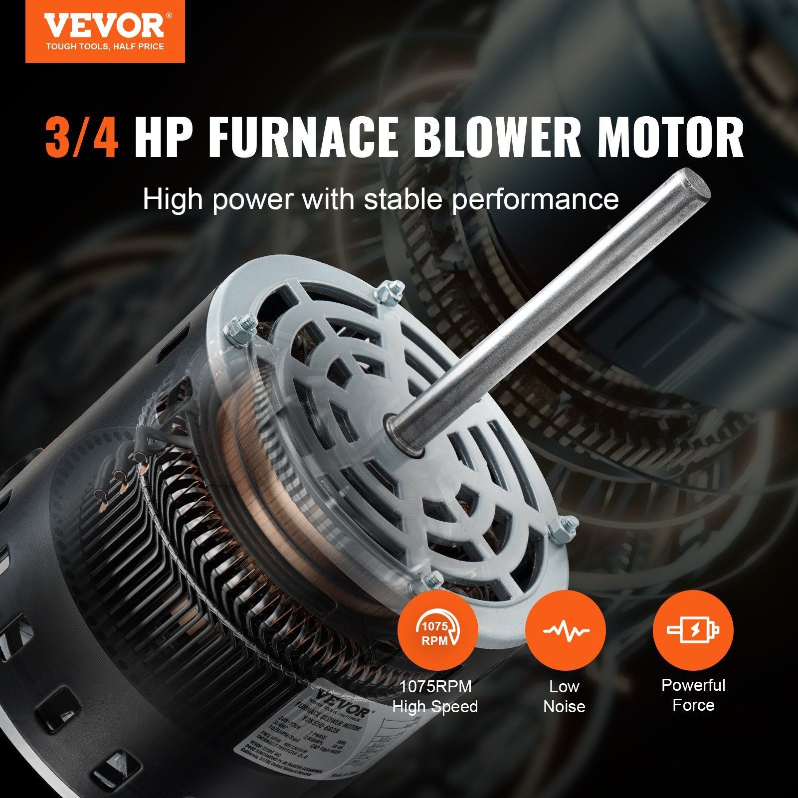 3/4HP 208/230V 1075RPM 5-Speed CW/CCW 48Frame 4.8″Shaft 10°F/450V Cap&11″Hoop