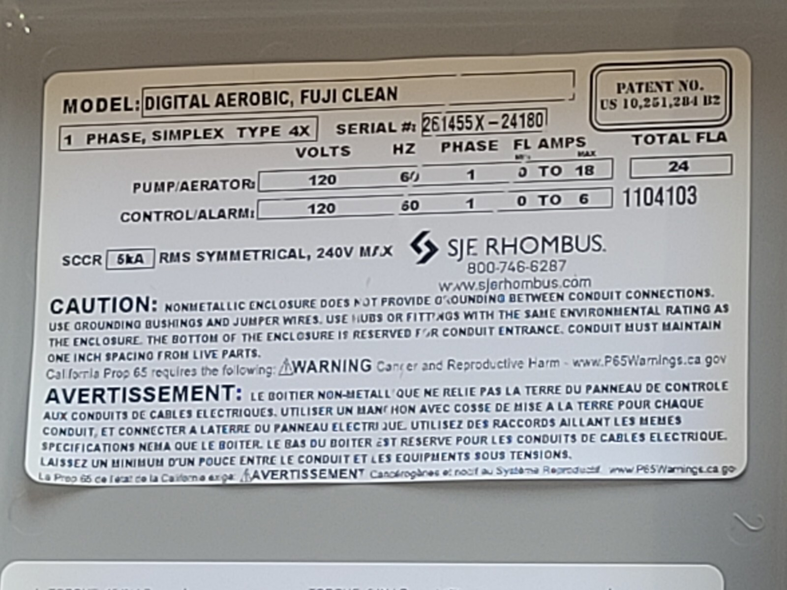 SJE Rhombus Fuji Clean USA Digital Aerobic Control Panel