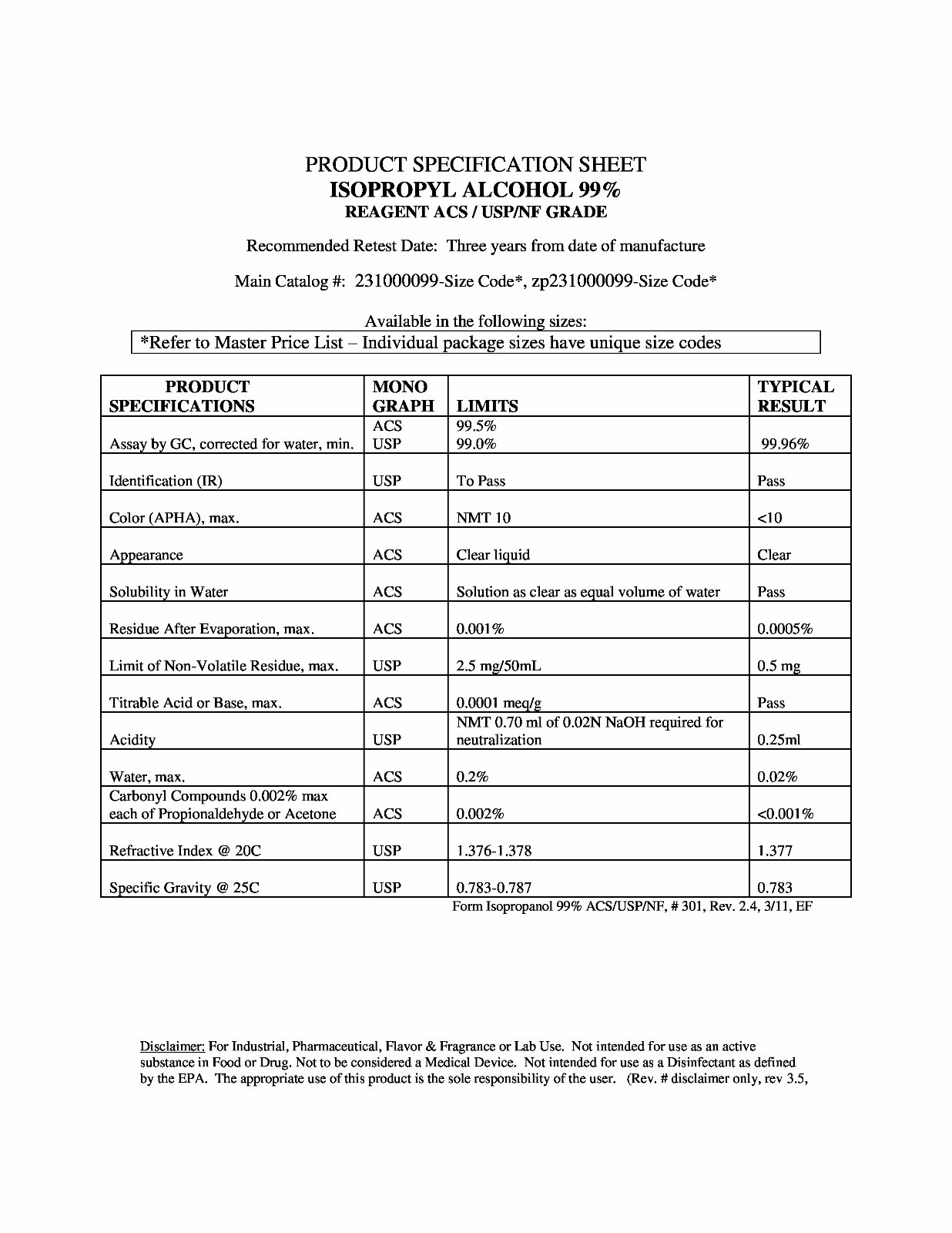 CleanPro® Isopropyl Isopropanol Alcohol (IPA) USP-Grade 99%, Case of 4 Gallons