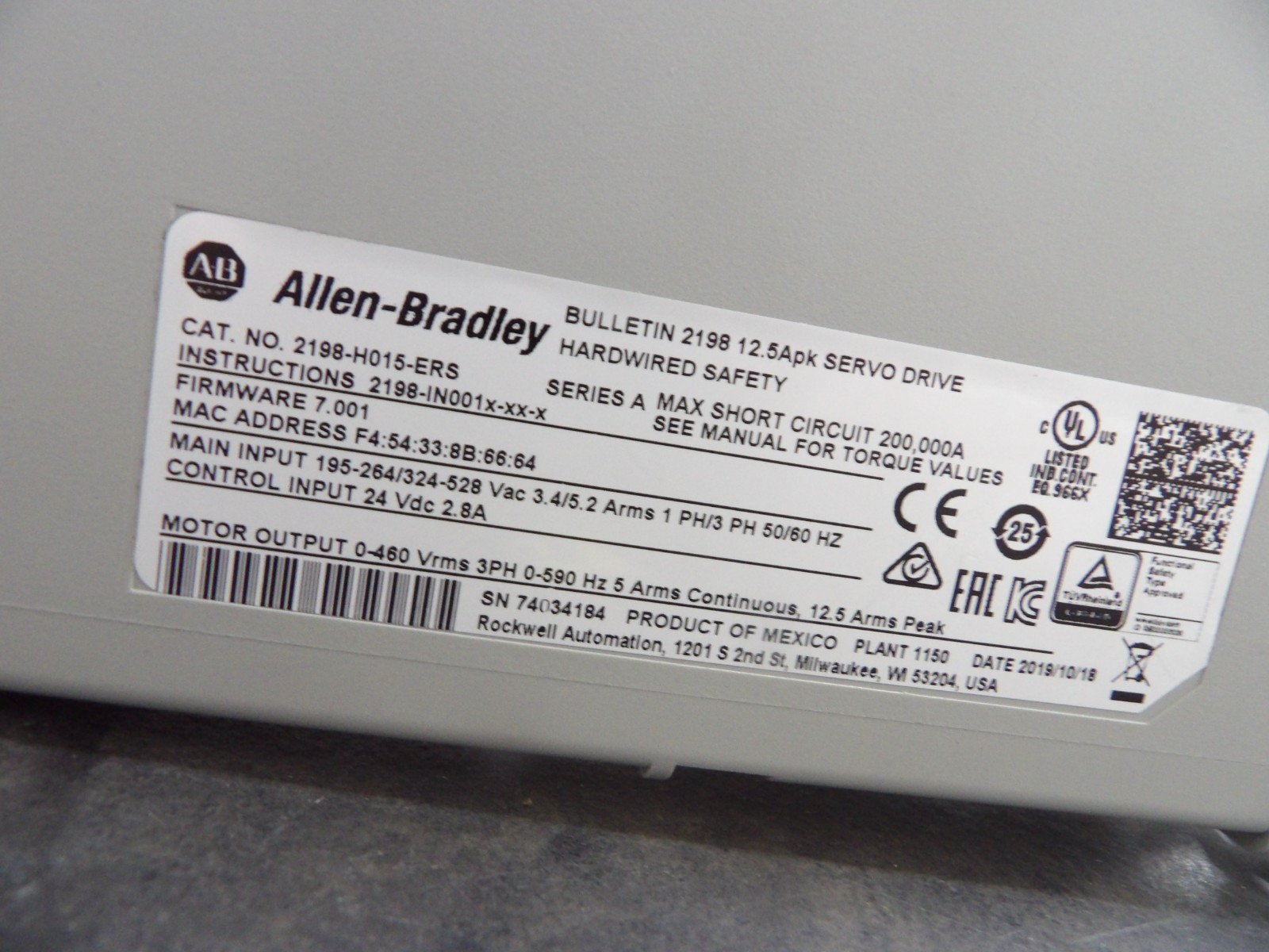 ALLEN-BRADLEY KINETIX 5500 2198-H015-ERS SERVO DRIVE