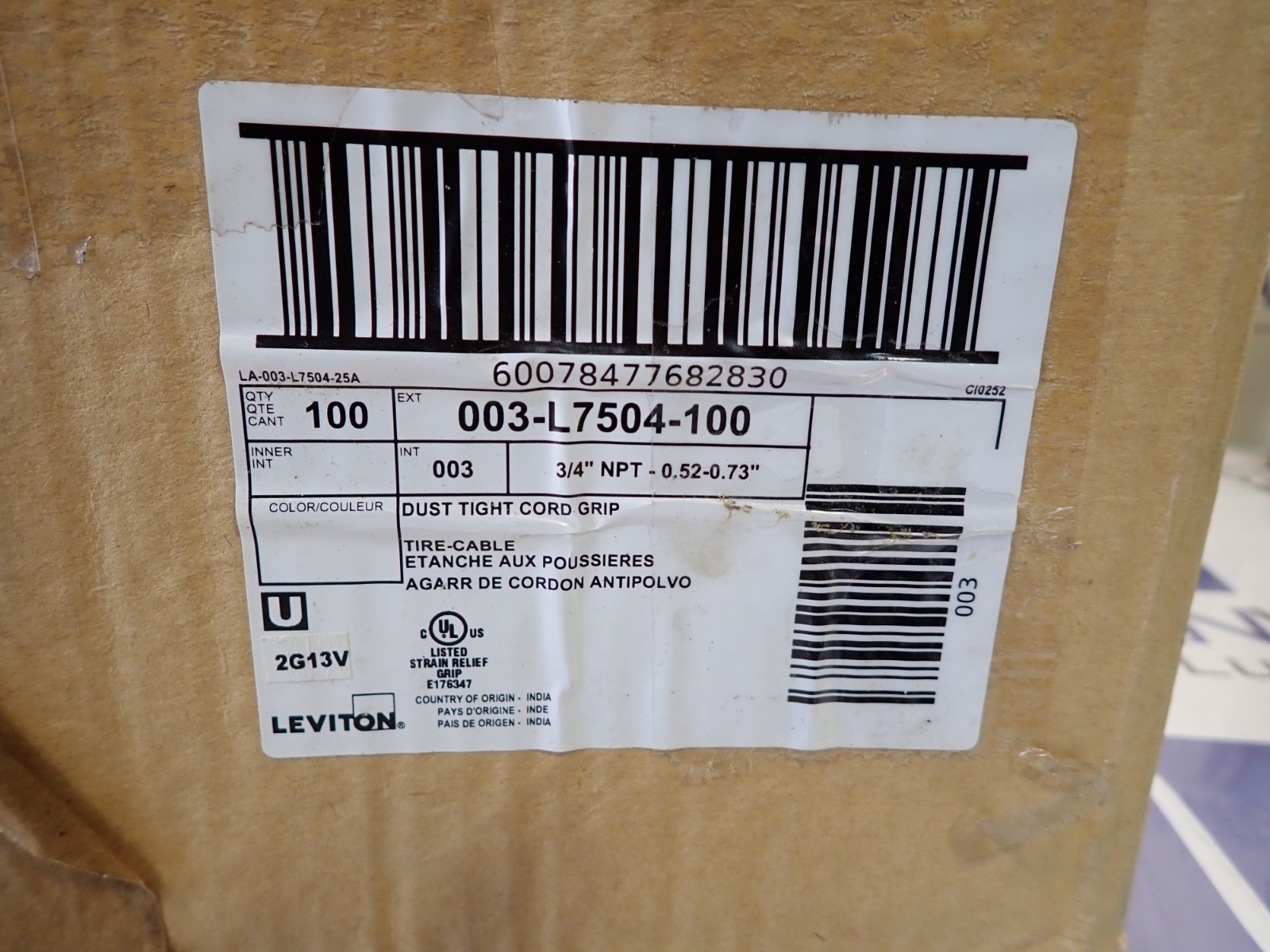 1 NEW – Leviton Dust Tight Cord Grip 003-L7504 3/4″ NPT-0.52-0.73″ from bulk