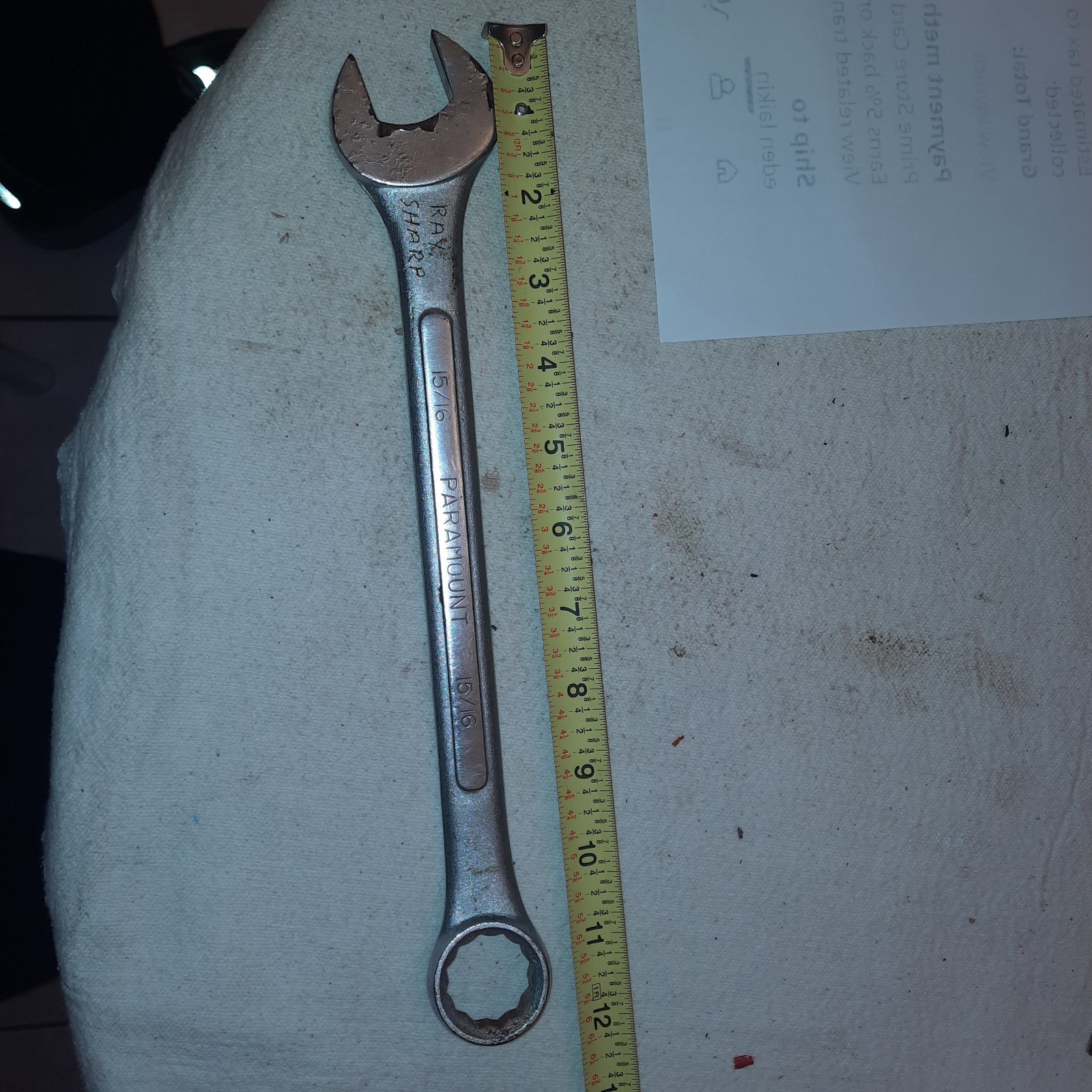 Paramount Combination Wrench 12 pt. 15/16 in. Some peeling chrome.
