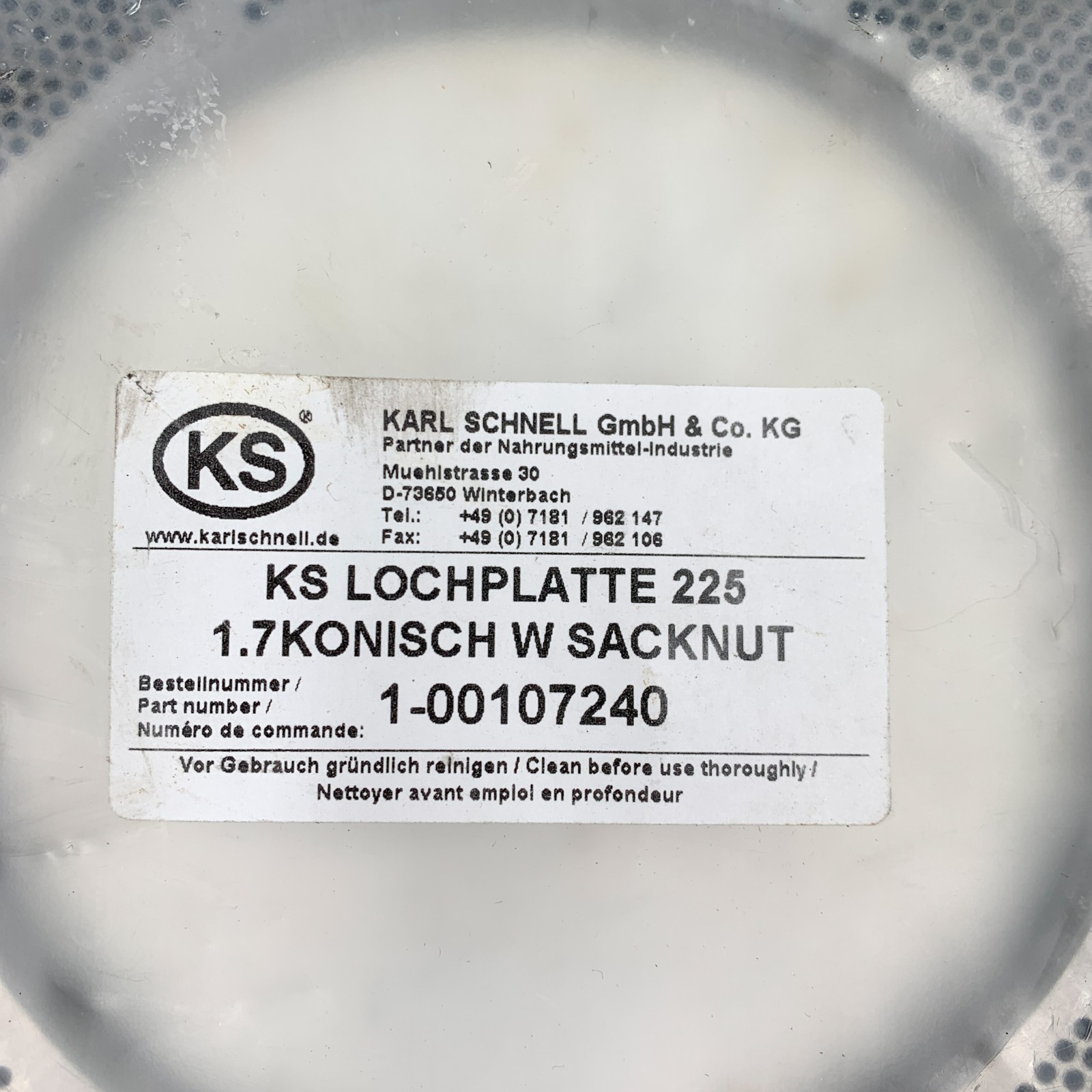 Karl Schnell 1-00107240 Perforated Plate 225 1.7