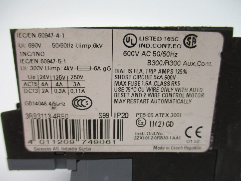 SIEMENS 3RB3113-4RE0 600VAC 0.1-0.4A NUPI
