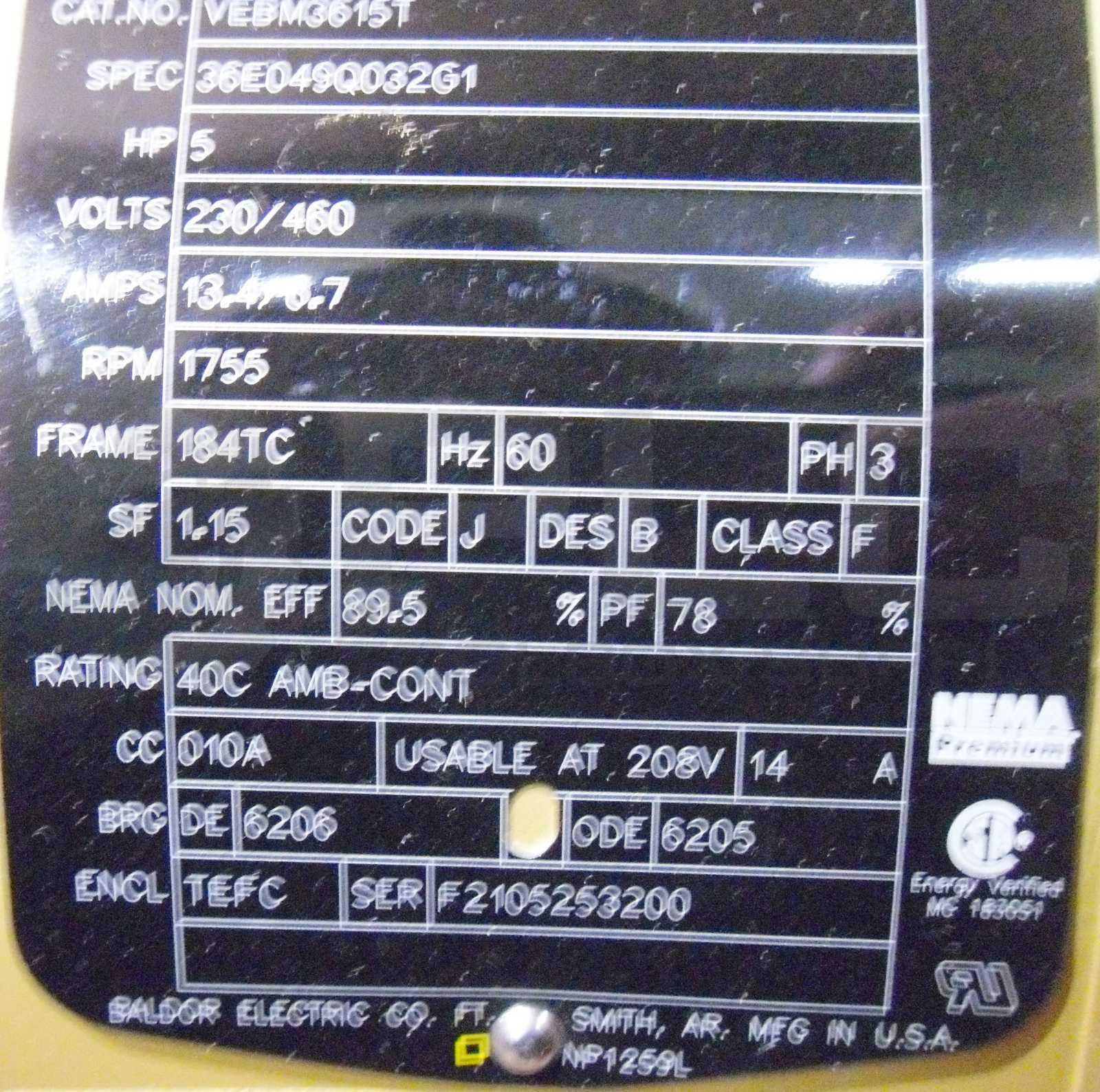 NEW BALDOR VEBM3615T SUPER E MOTOR SPEC 36ED49Q032G1 HP 5 230/460V RPM 1755