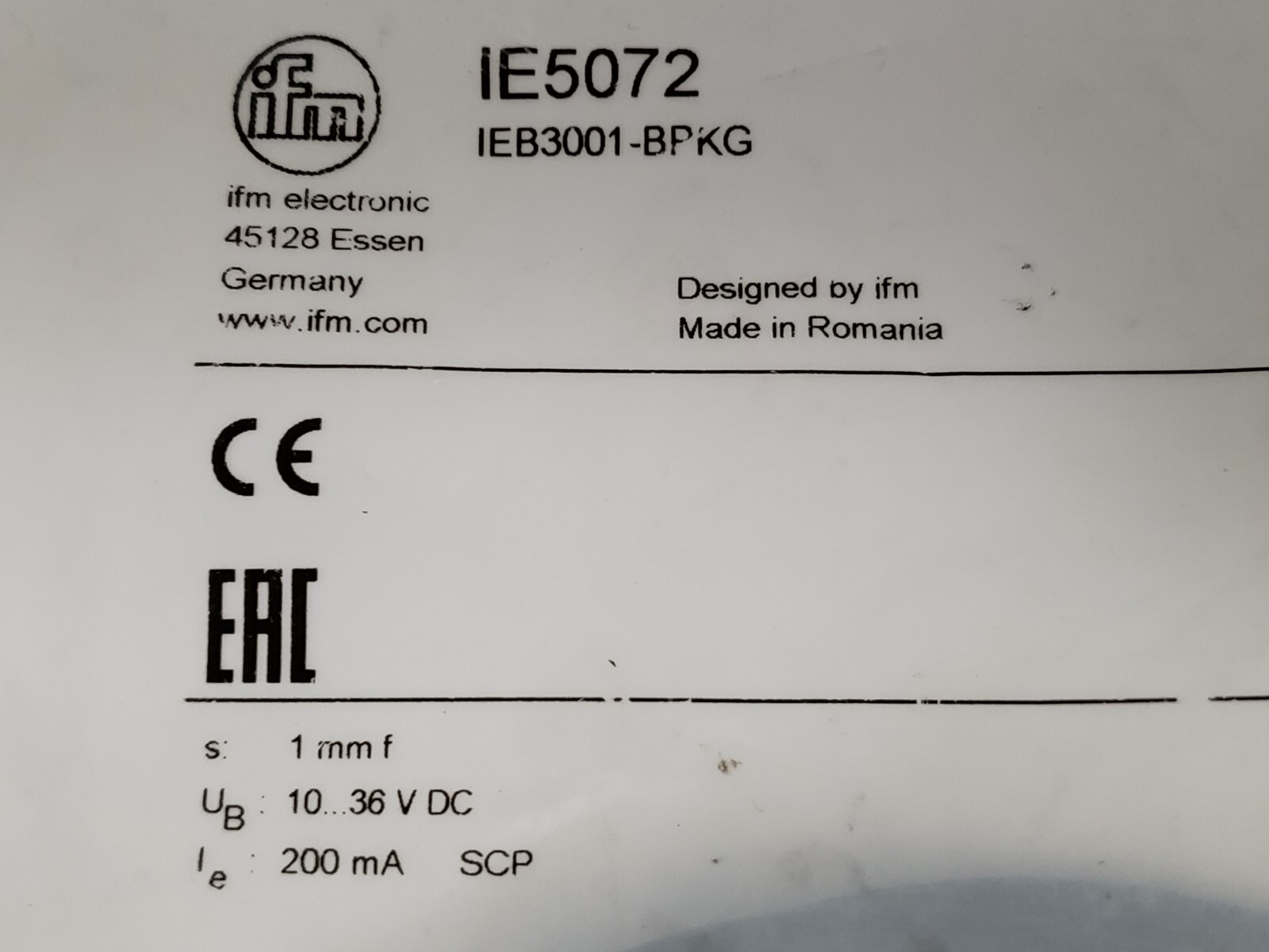 IFM ELECTRONIC IEB3001-BPKG INDUCTIVE PROXIMITY SENSOR 10-36V DC (IE5072) NIB