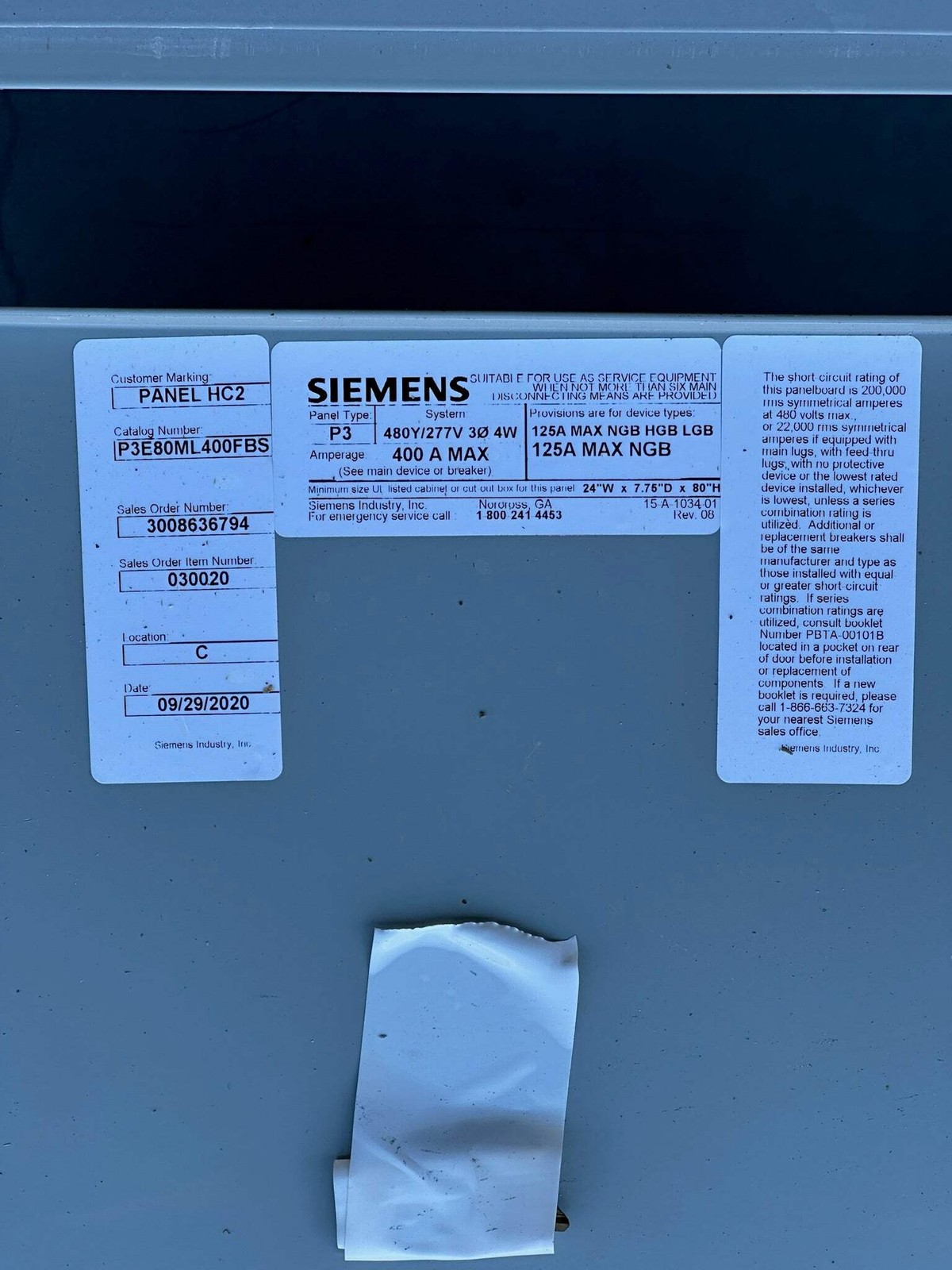 Siemens 480Y/277 V P3E80ML400FBS 400A 3-Phase Grow Light Panelboard 81 Breakers