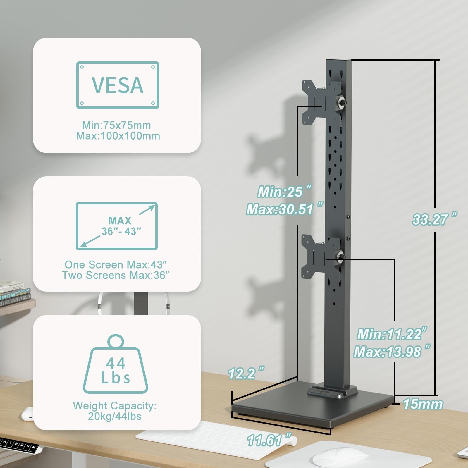 Suptek Dual Monitor Stand with Base Vertical Stack Screen Free-Standing Monit…