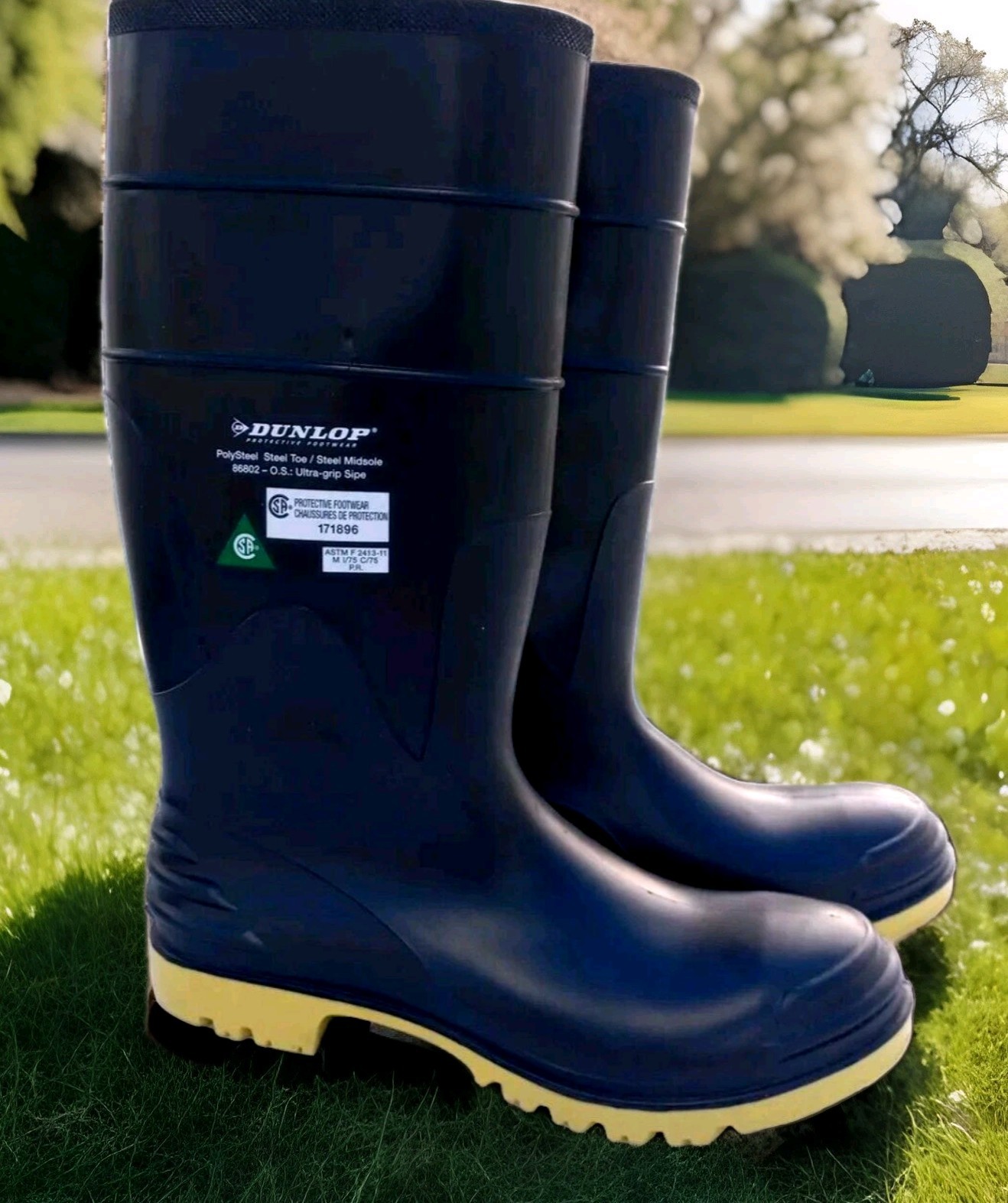 DUNLOP 86802 Men’s Rubber Boots Size 14 PolySteel Steel Toe Ultra Grip Slip