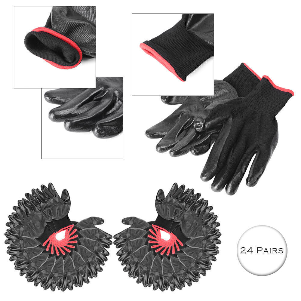 24 Pairs Nylon PU Safety Coated Protective Work Gloves Builders Grip Black New