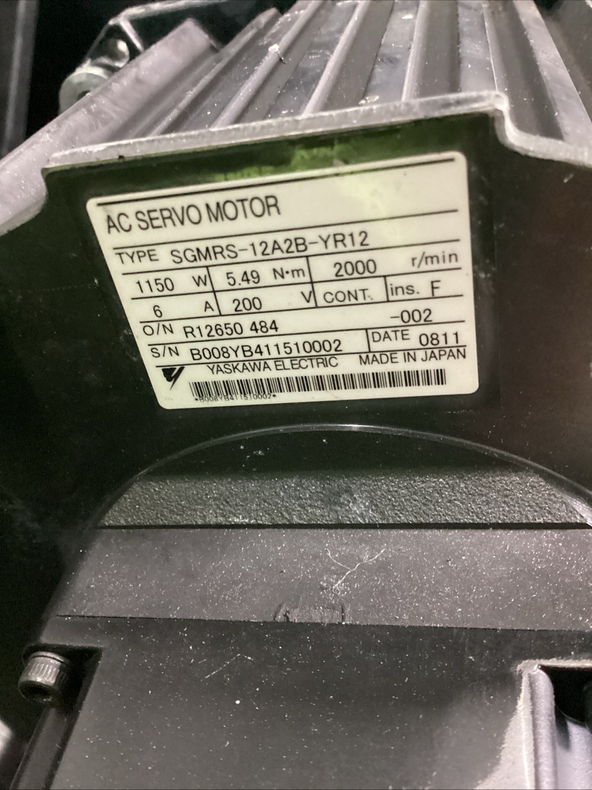 Yaskawa SGMRS-12A2B-YR12 AC Servo Motor 1150W 5.49 N•m 2000 r/min Used #2