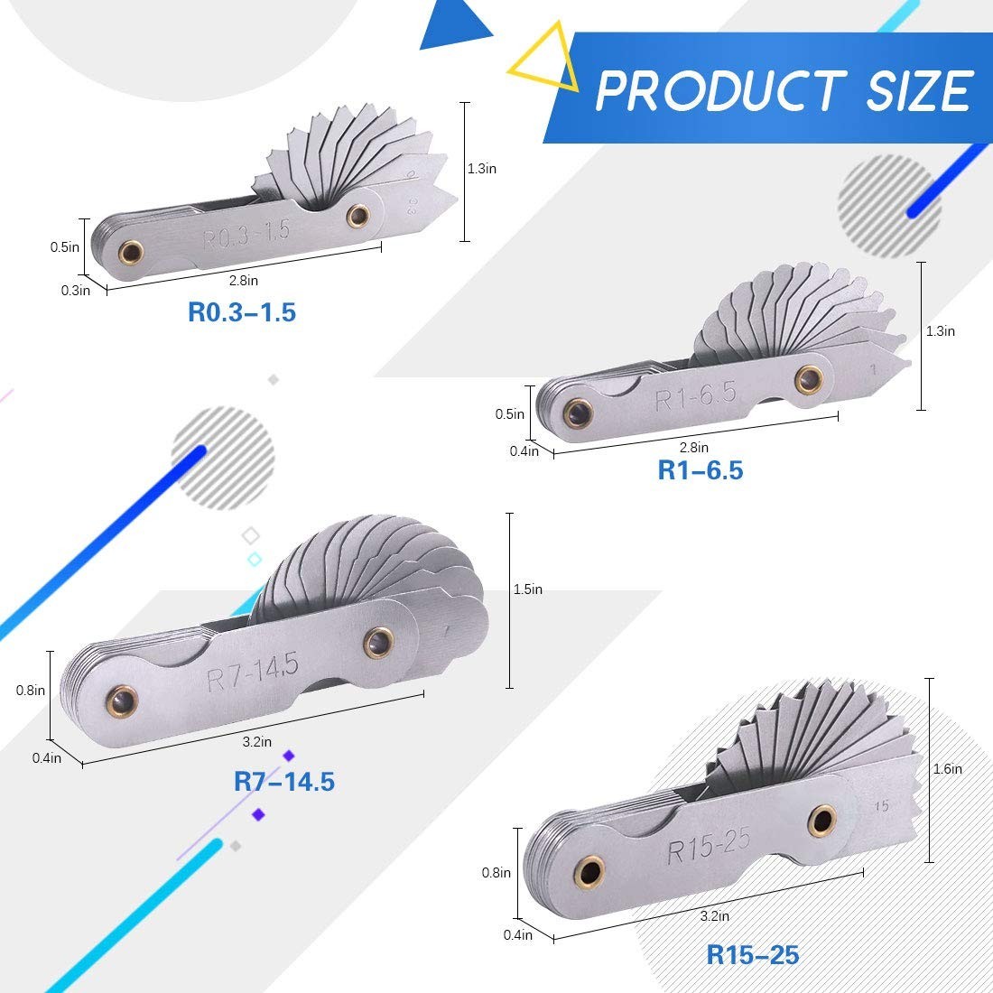 4 Pack R0.3-1.5/ R1-6.5/ R7-14.5/ R15-25 Radius Gauge Set, Stainless Steel Ra…