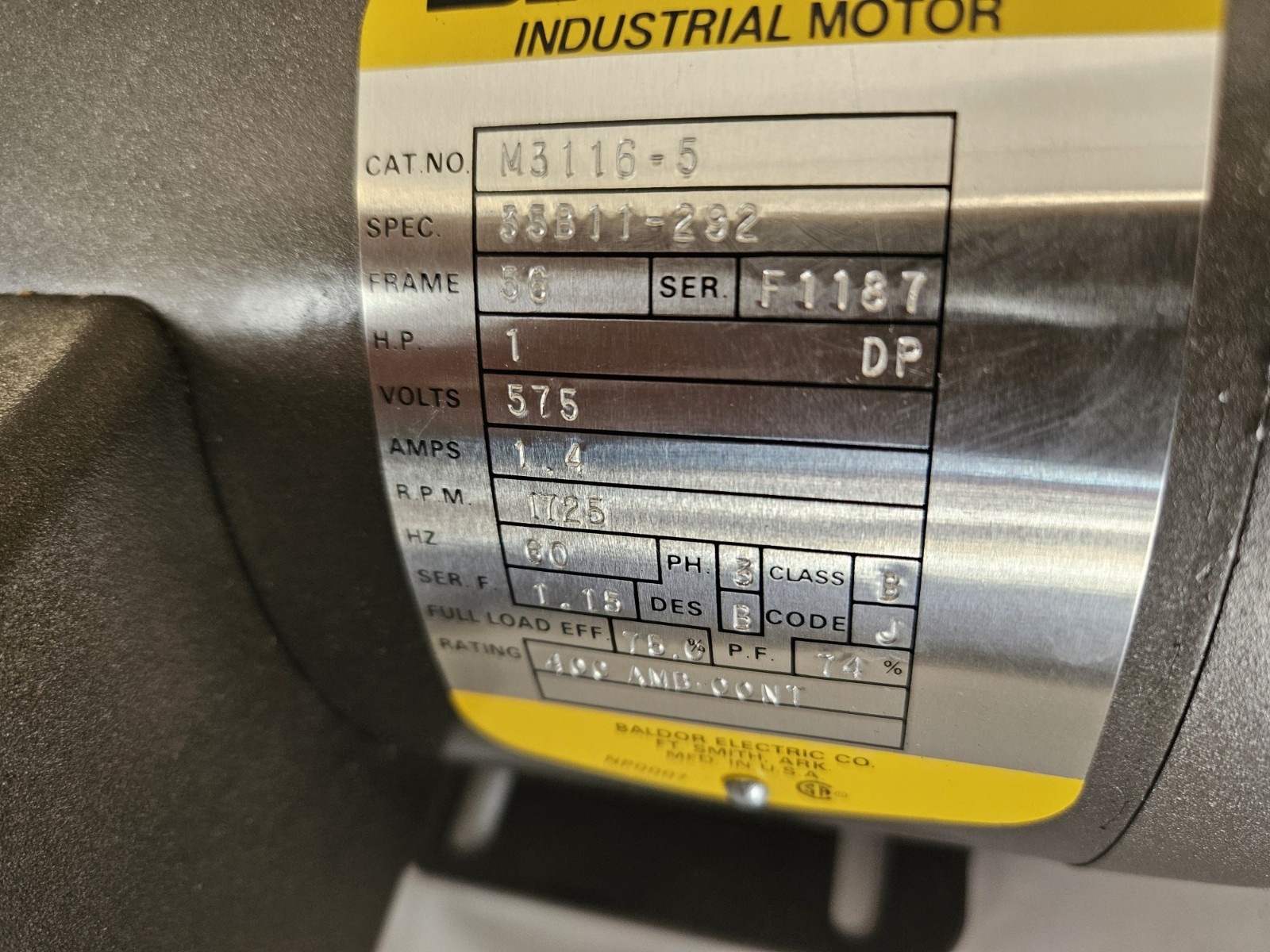 1HP BALDOR MOTOR M3116T-5 1750 RPM 3 PHASE 575V FRAME 56