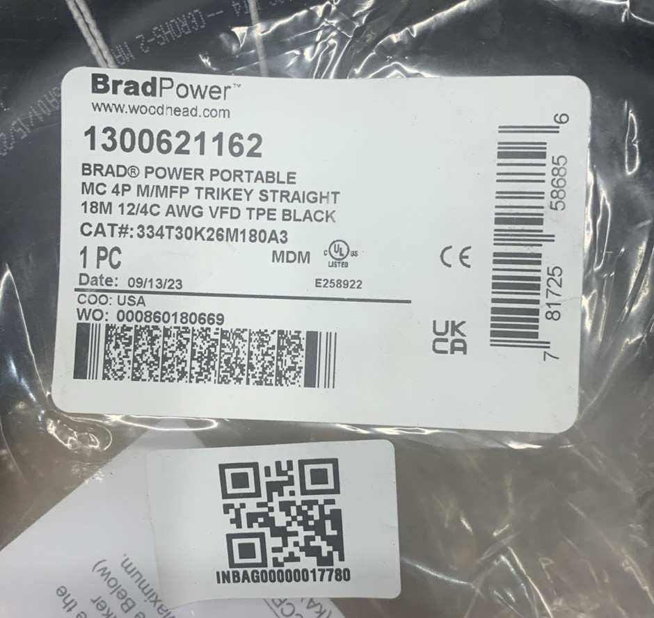 BRAD POWER 334T30K26M180A3 CABLE/CORDSET 1300621162 18 METER *NEW**