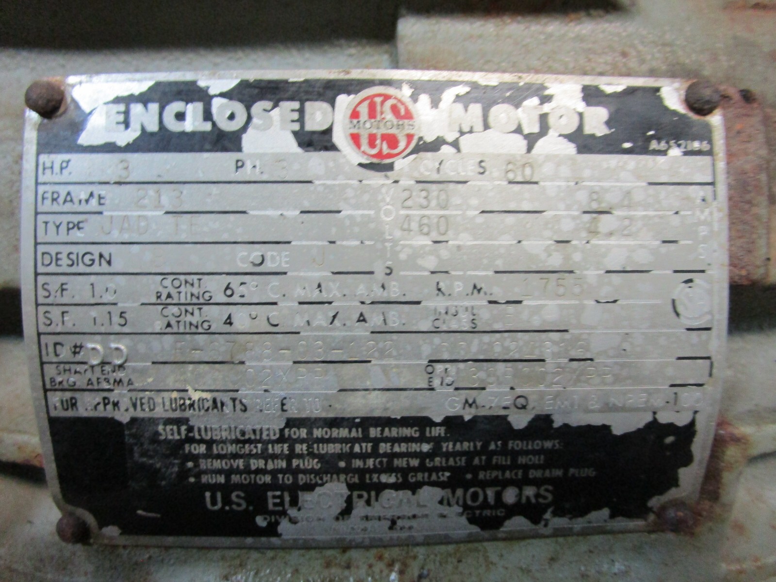 US Electrical Motors Enclosed Motor 3 HP 3 Phase 213 Frame 230/460 Volts 51252LR
