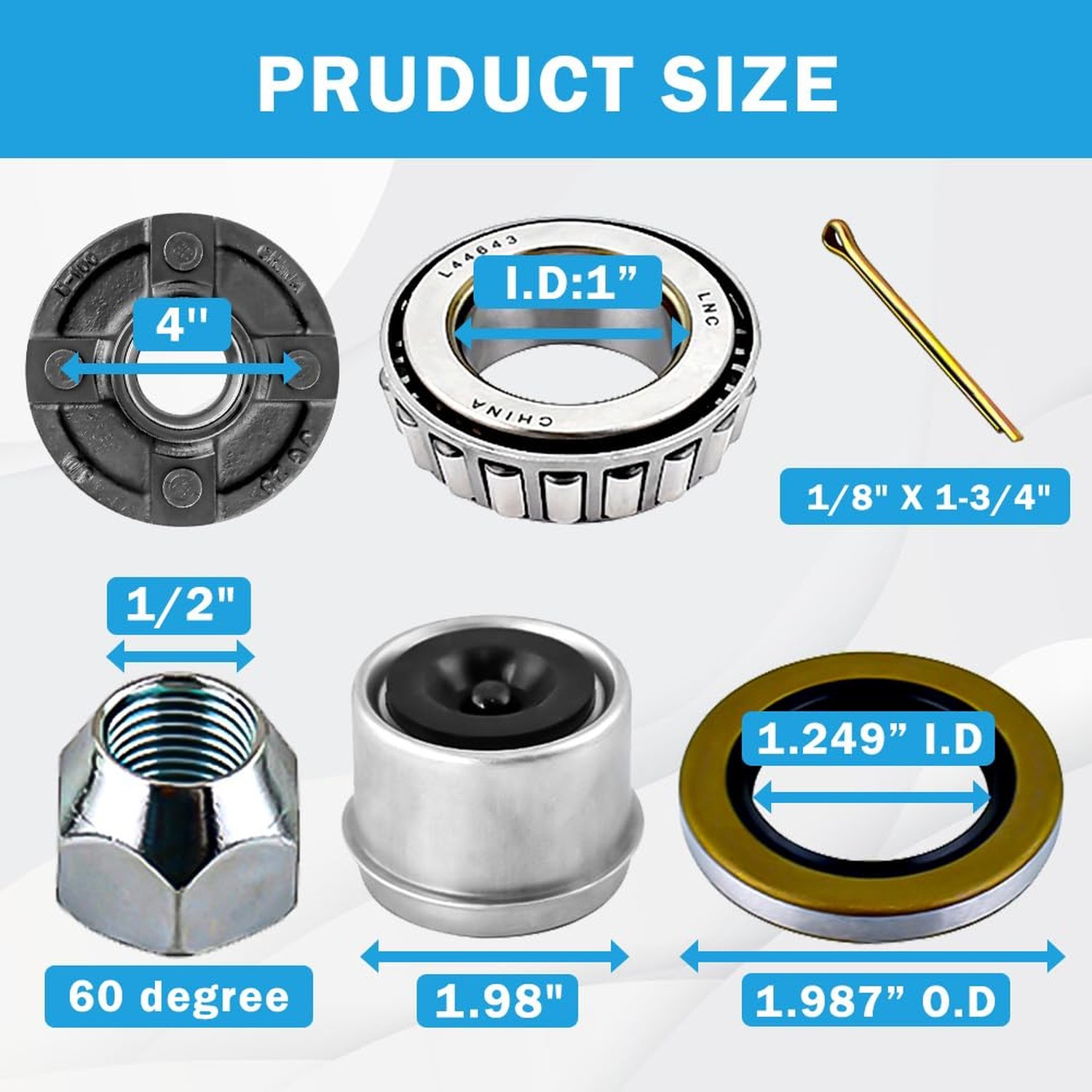Trailer Idler Hub Kit 4 on 4” for 2000 lbs 1″ and 1″-1/16″ Trailer Axle,Tr