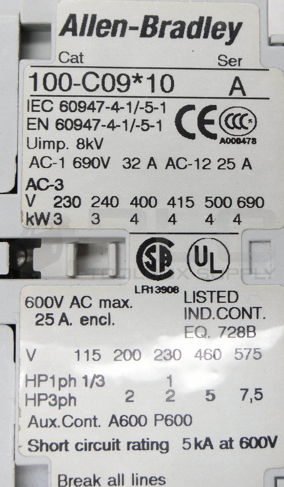 ALLEN BRADLEY 100-C09*10 /A CONTACTOR 600VAC 25A W/ 193-EB1DB /B OVERLOAD RELAY