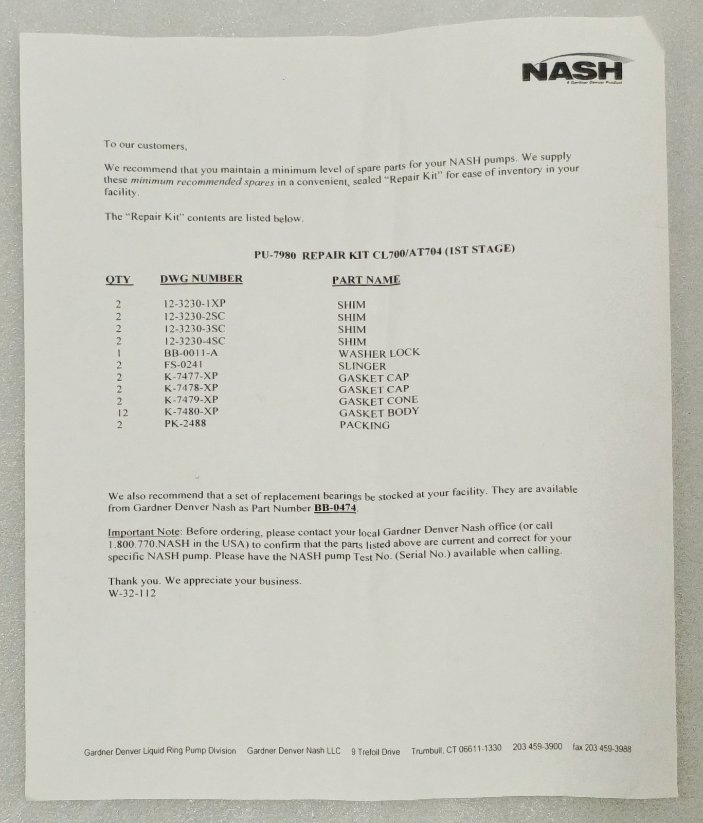 NASH 8PU-7980 CL700/AT704 1ST STAGE Repair Kit Gaskets Shims PK-2488 New