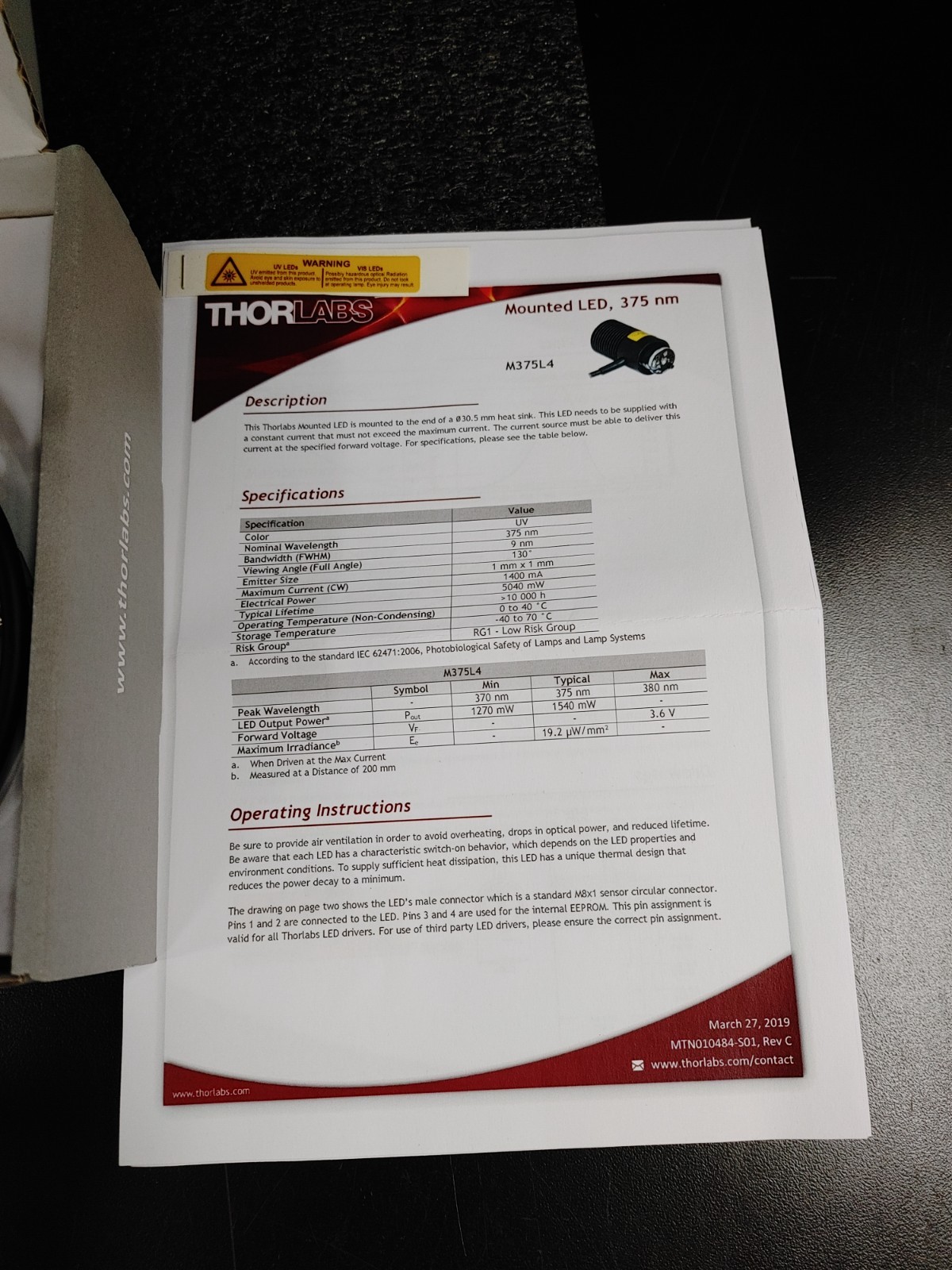 THORLABS M375L4 375 nm 1270 mW 1400 mA Mounted LED