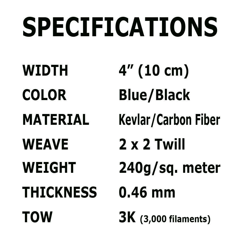 4 in x 100 FT – made with KEVLAR-CARBON FIBER ARAMID ~ Fabric – 3K/2K-200g- Blue