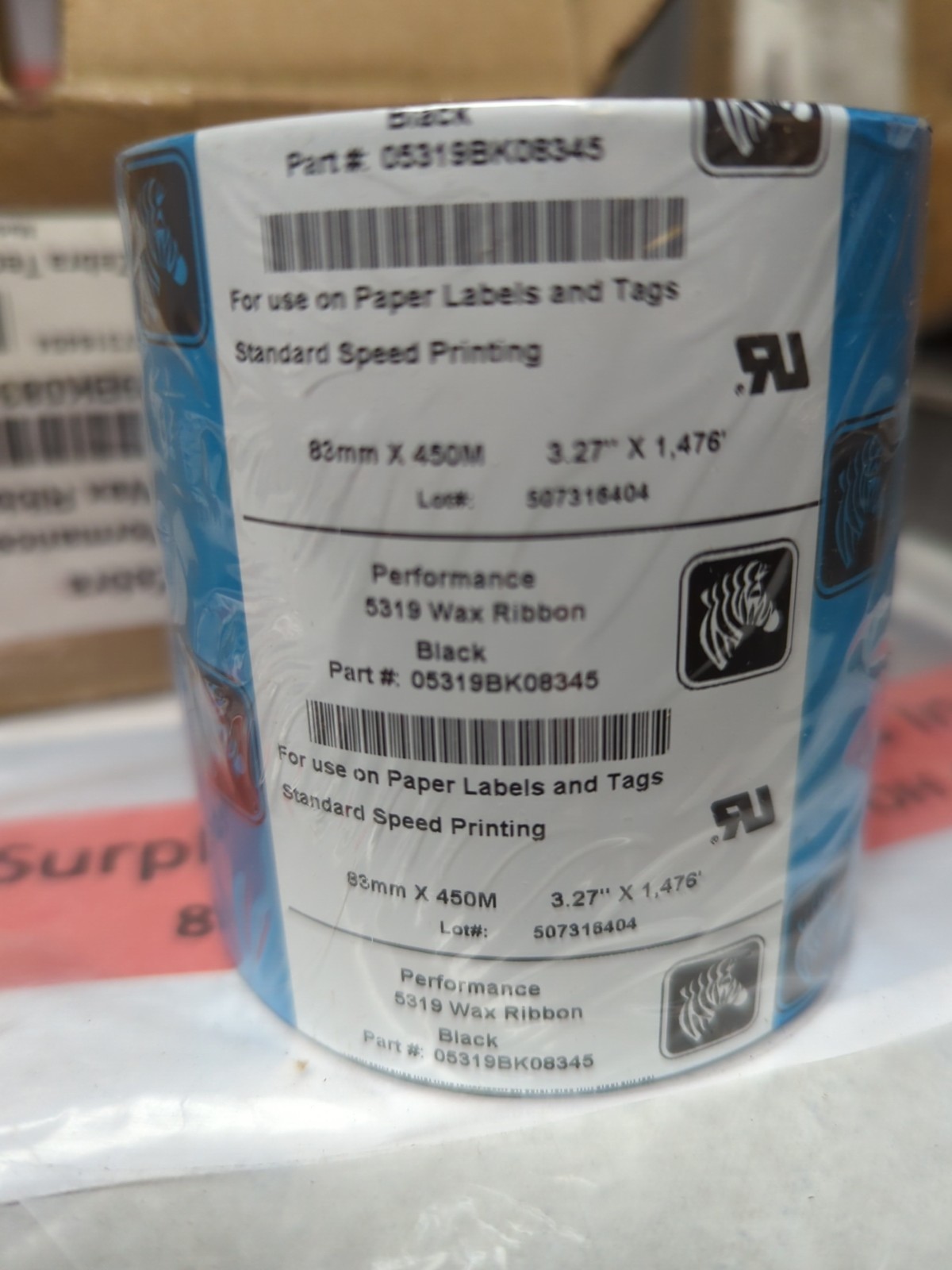 ZEBRA,5319,BLACK WAX RIBBON PACK OF 6 ROLLS 83MMX50M/3.27″X1476′ EACH NOS