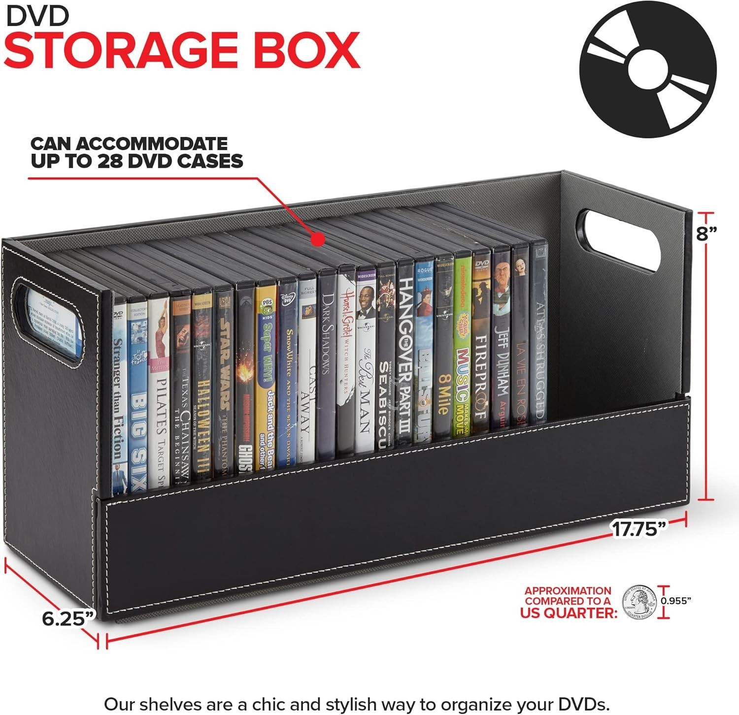 DVD Storage Box, Movie Shelf Organizer for Blu-Ray, Video Game Cases, CDs, VHS