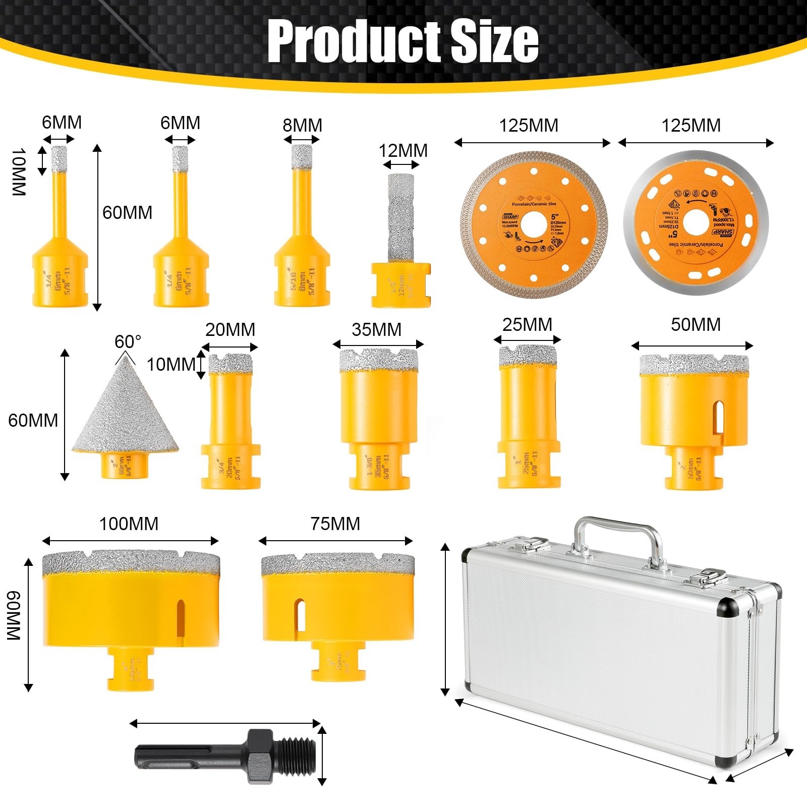 14Pcs Diamond Tile Hole Saw Kit,6/6/8/20/25/35/50/75/100MM Core Drill Bits Se…