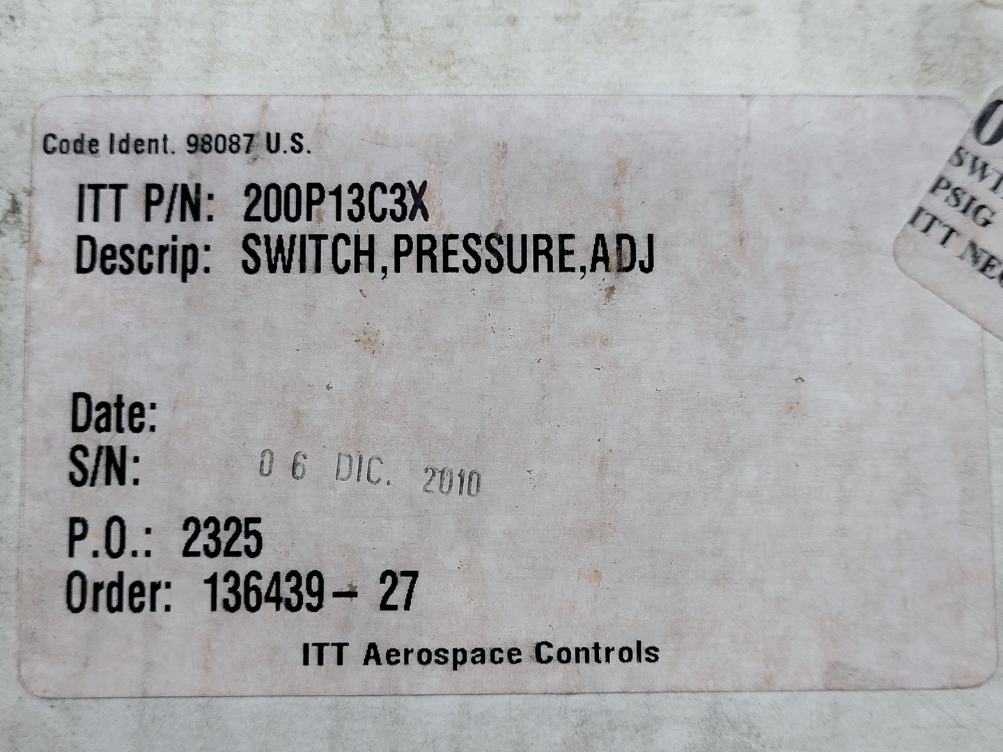 ITT Industries 200-1500 psig Adjustable Pressure Switch 200P13C3