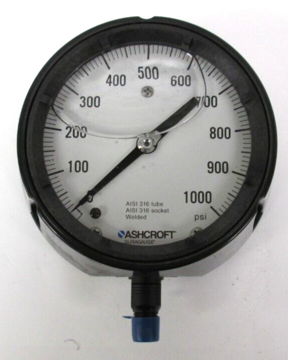 ASHCROFT DURAGAUGE, 0-1000 PSI, LIQUID FILLED, 1/4″ MNPT BOTTOM MOUNT, SURPLUS