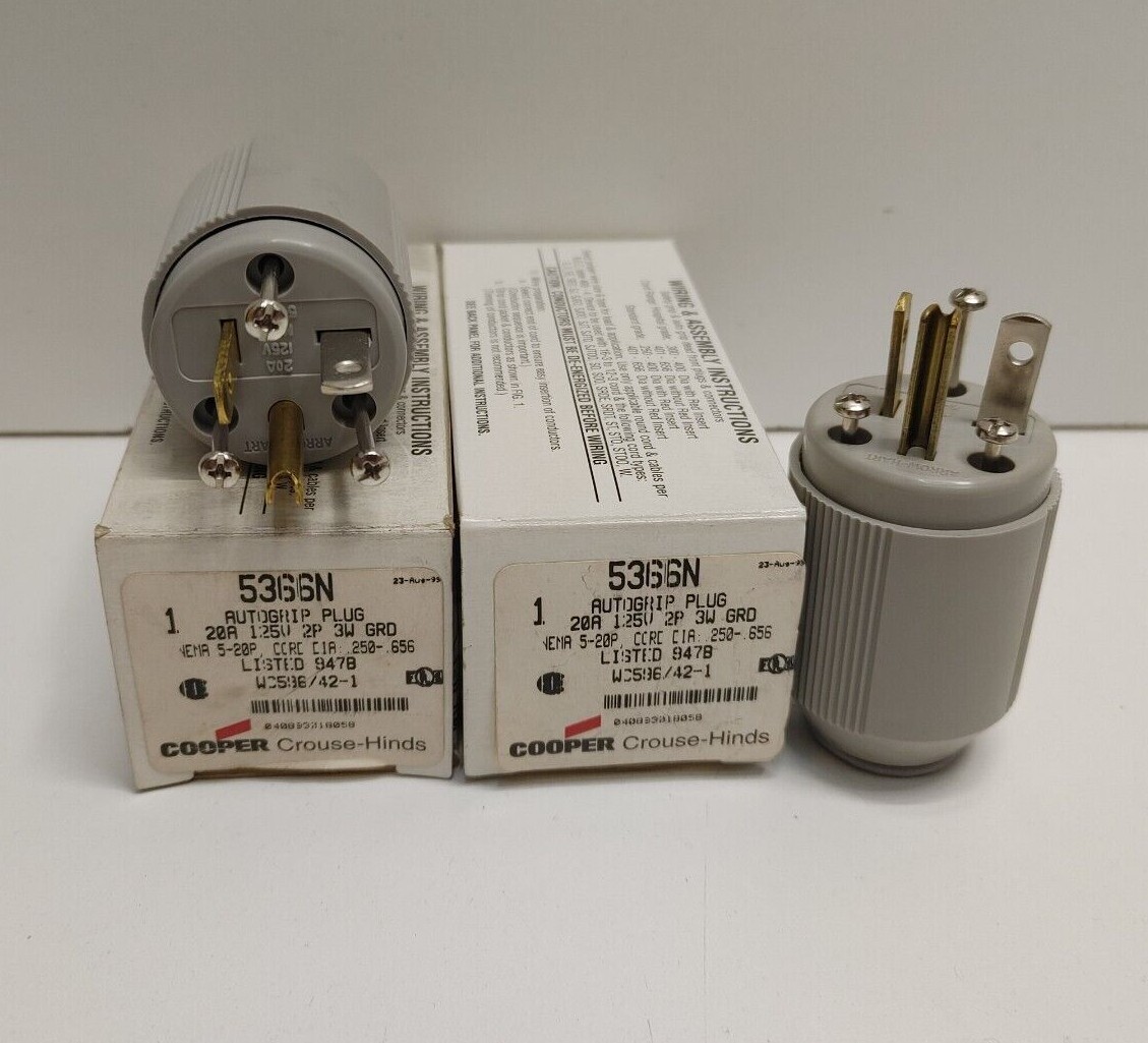 LOT OF 2 NEW OLD STOCK! COOPER ARROW HART 20A 125V 2P AUTOGRIP PLUGS 5366N