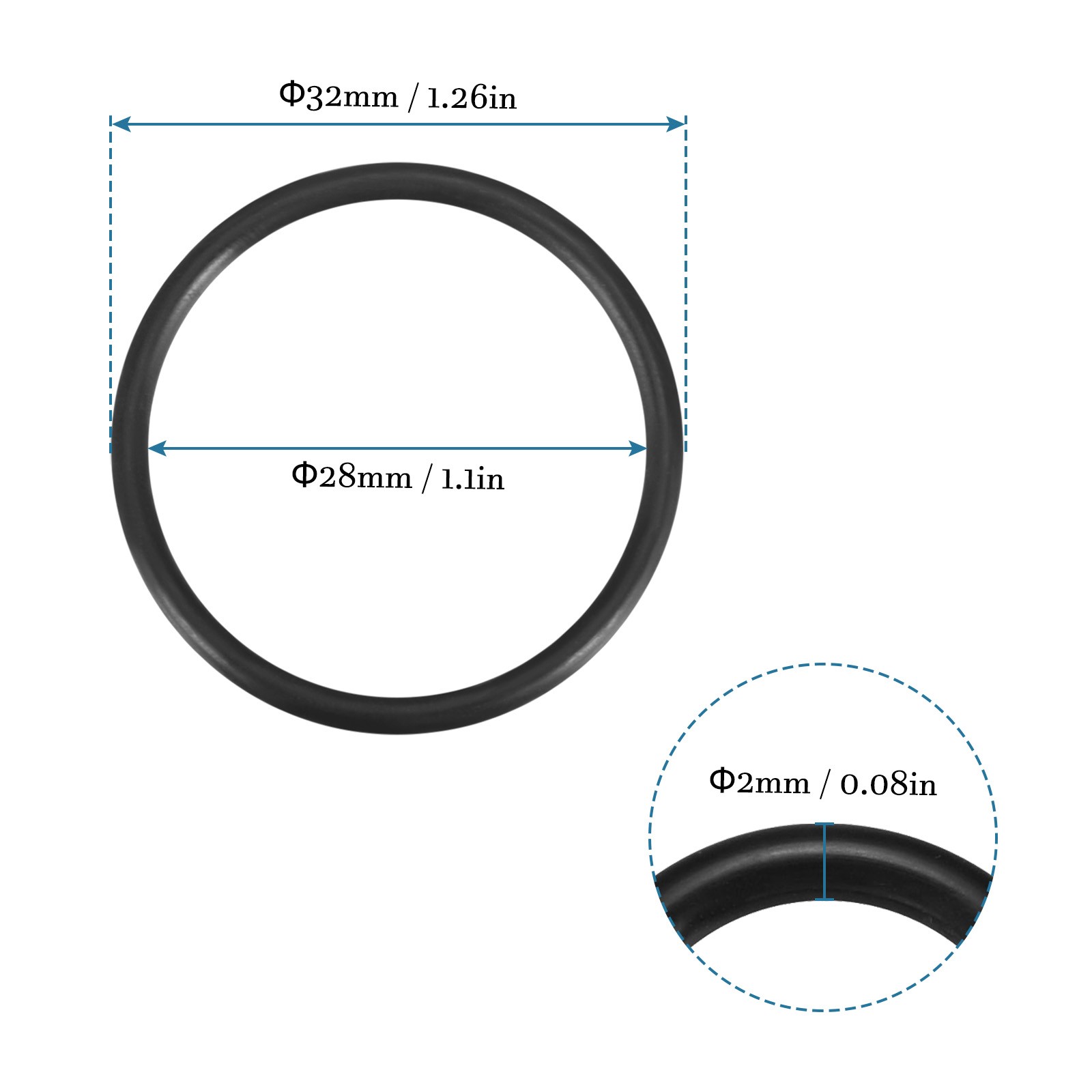 32mm x 28mm x 2mm Nitrile Rubber O-Rings Round Gasket Washer Black