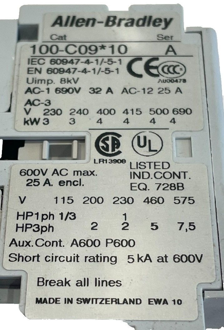 ALLEN BRADLEY 100-C09UD10 CONTACTOR SER.A 100C09UD10 NEW, SURPLUS