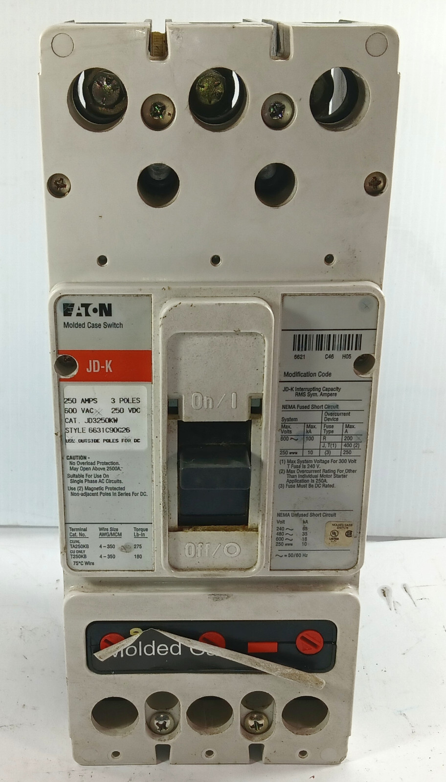 1 USED EATON JD3250KW 250 AMP 3 POLE MOLDED CASE CIRCUIT BREAKER **MAKE OFFER**