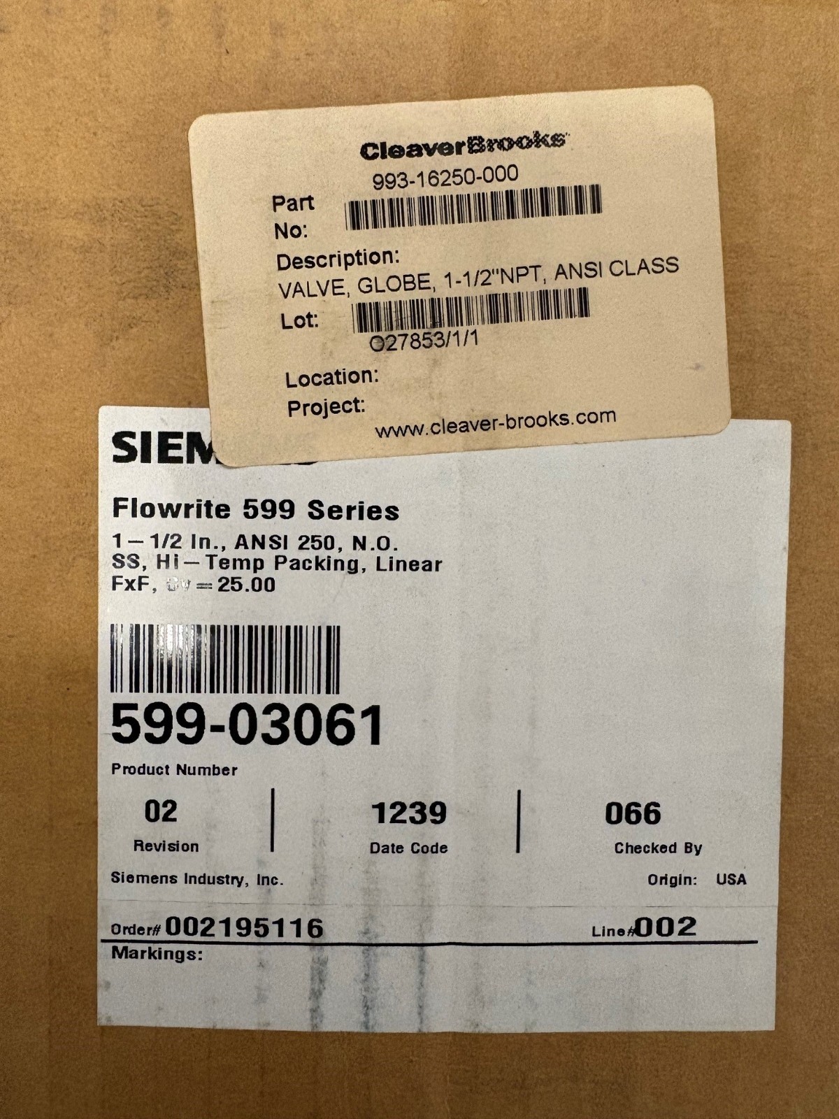 Siemens Flowrite 599 Series Globe Valve 250CV=25 1-1/2″ 599-03061