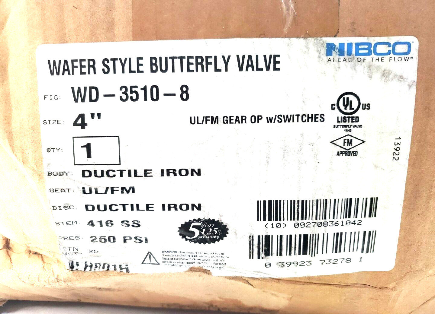 NEW NIBCO WD-3510-8 WAFER STYLE BUTTERFLY VALVE 4″ GEAR OP W/ SWITCHES 250PSI