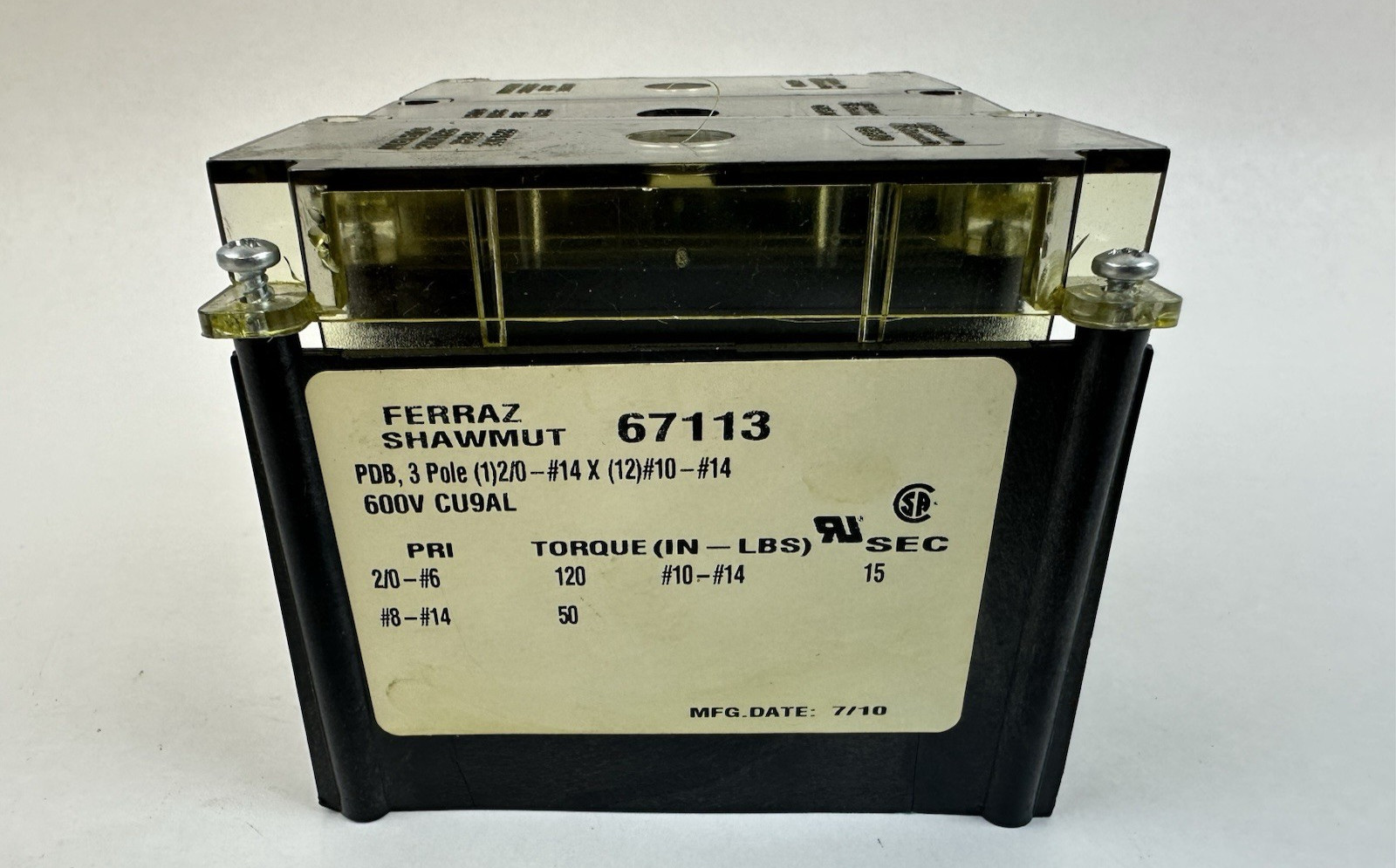 FERRAZ SHAWMUT 67113 POWER DISTRIBUTION BLOCK 3P 600V