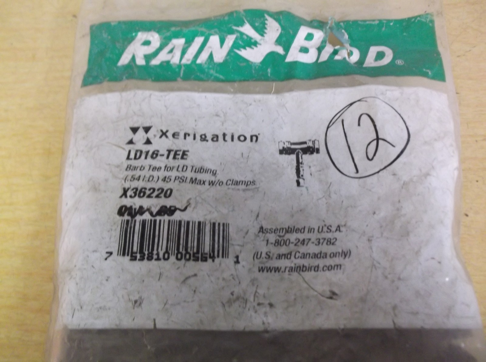 NEW Rainbird LD16-TEE X36220 Barb Tee for LD Tubing, 12-Pack *FREE SHIPPING*