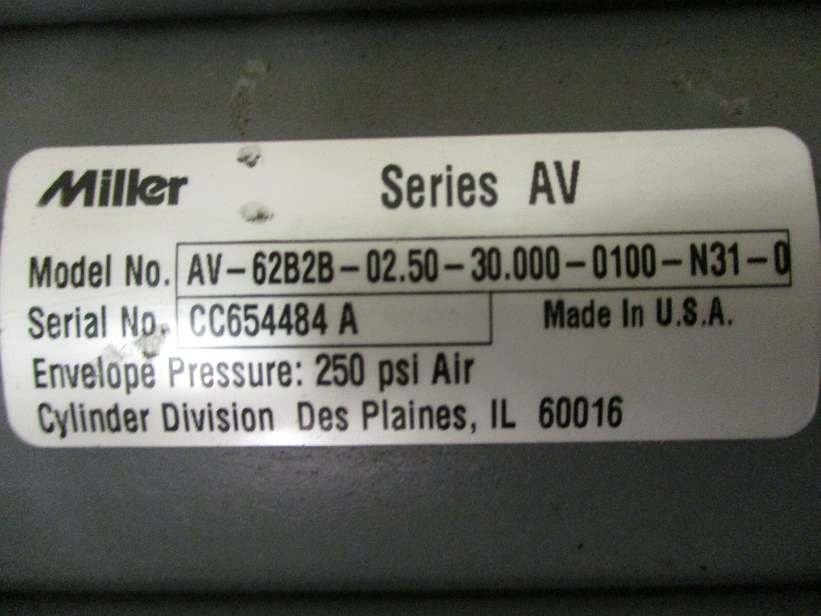 New Miller Model No. AV-62B2B-02.50-30.000 Cylinder A2935.1DH