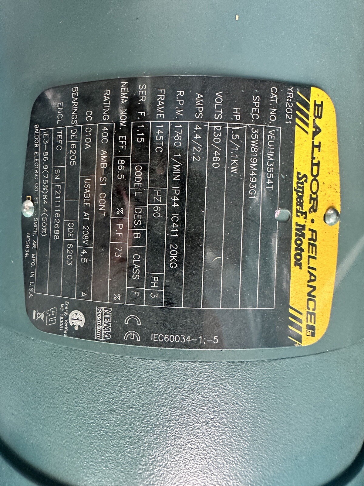 Baldor Reliance Super E Motor VEUH3554T 1.5HP 230V w/ Quantis Reducer BF383CN140