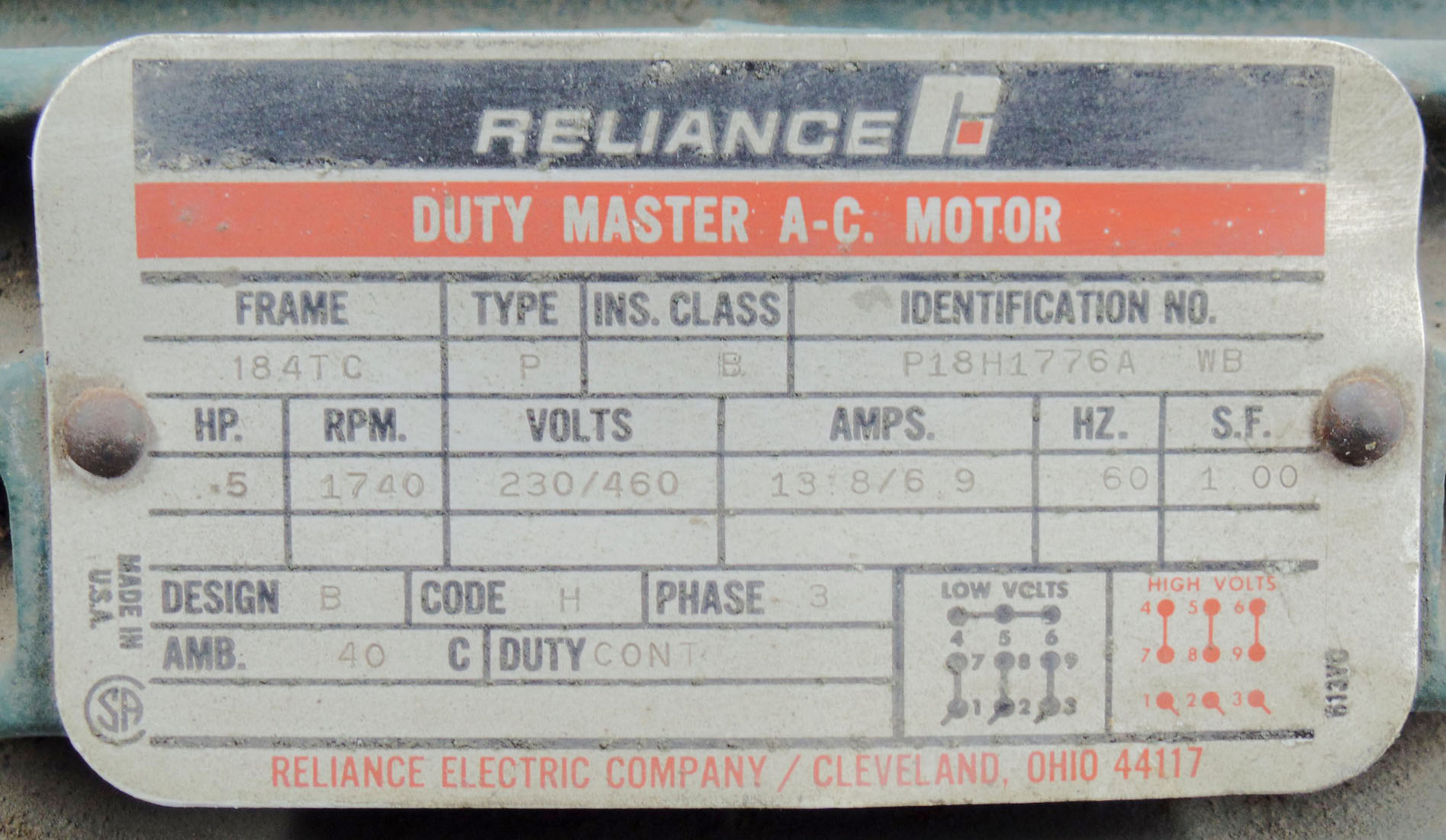 RELIANCE ELECTRIC P18H1776A WB DUTY MASTER A-C MOTOR 184TC W/ FMC 1-055-051-1