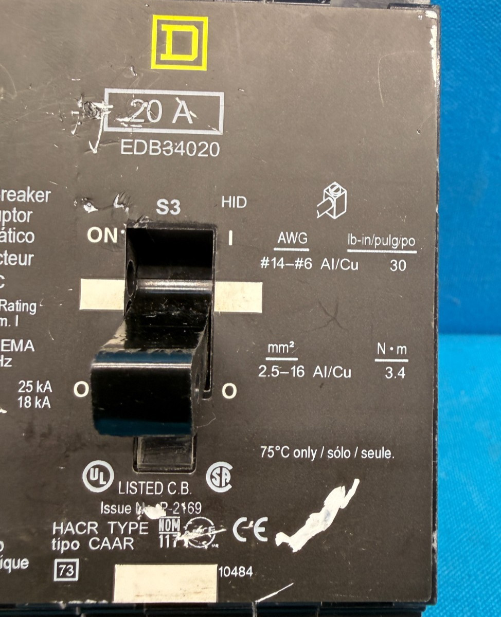 Square D EDB34020 Circuit Breaker 20A 3P 480Y/277V Bolt-On Schneider
