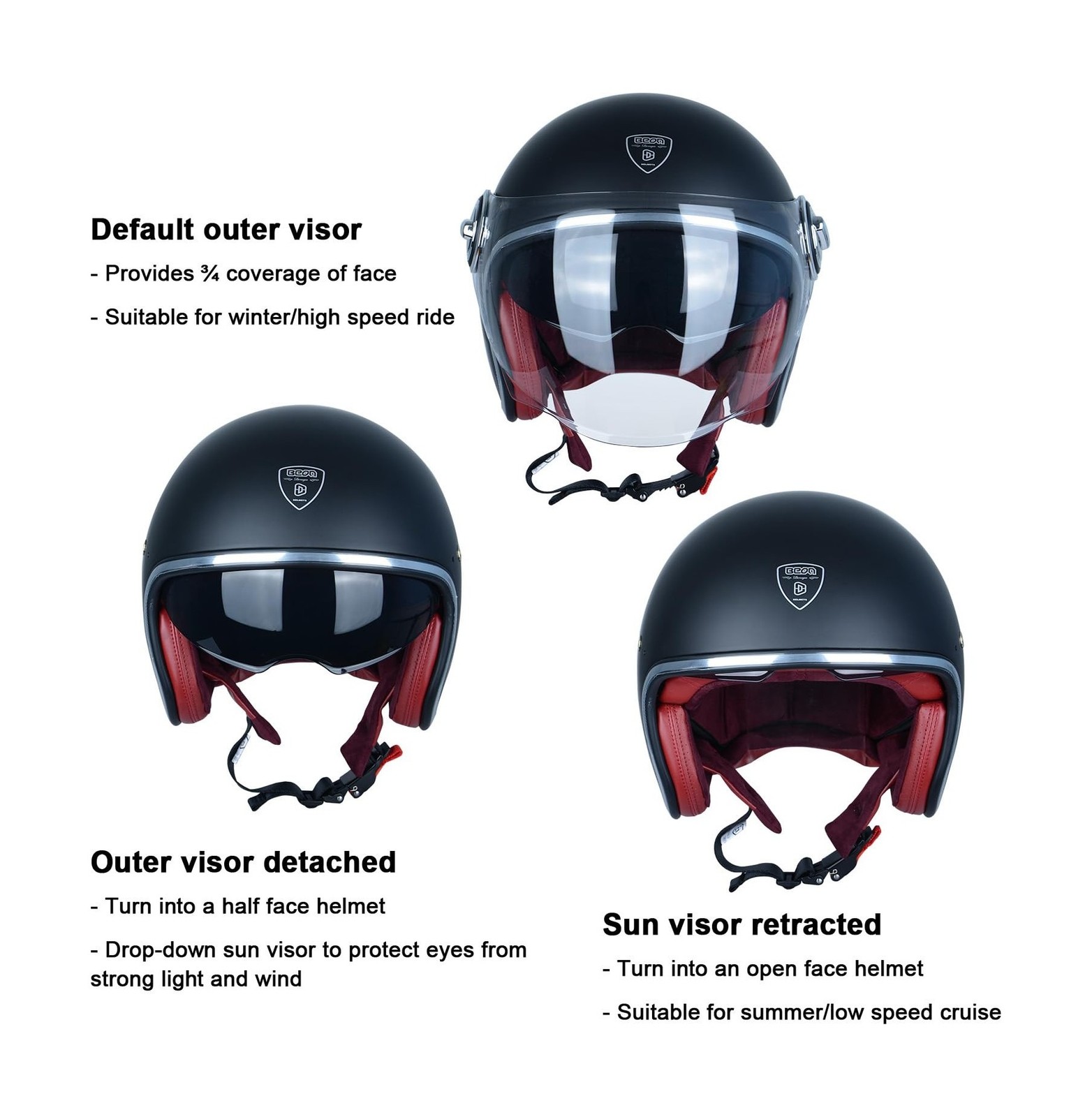Open Face Motorcycle Helmet for Adults, DOT Approved,Moped 3/4 Half Vespa Vin…