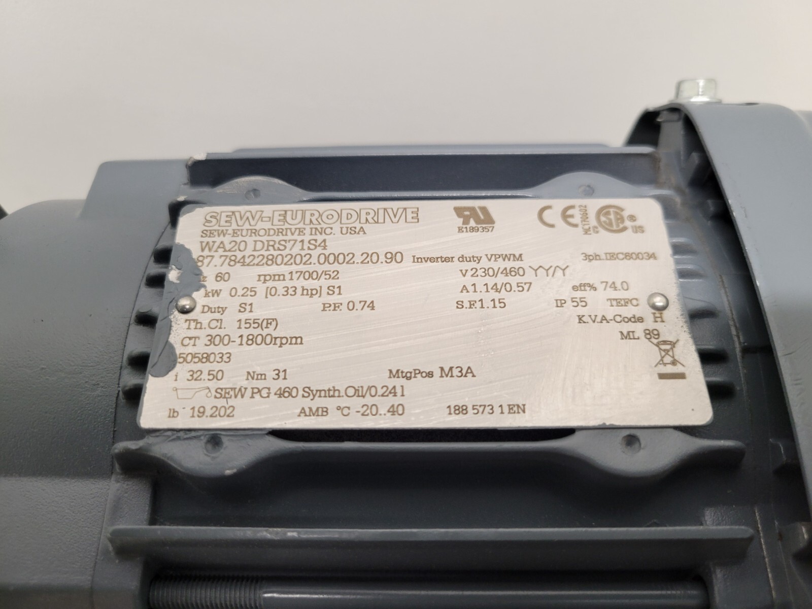 GOOD USED! SEW-EURODRIVE .25kW 230/460V 1.14/.57A GEAR MOTOR WA20-DRS71S4