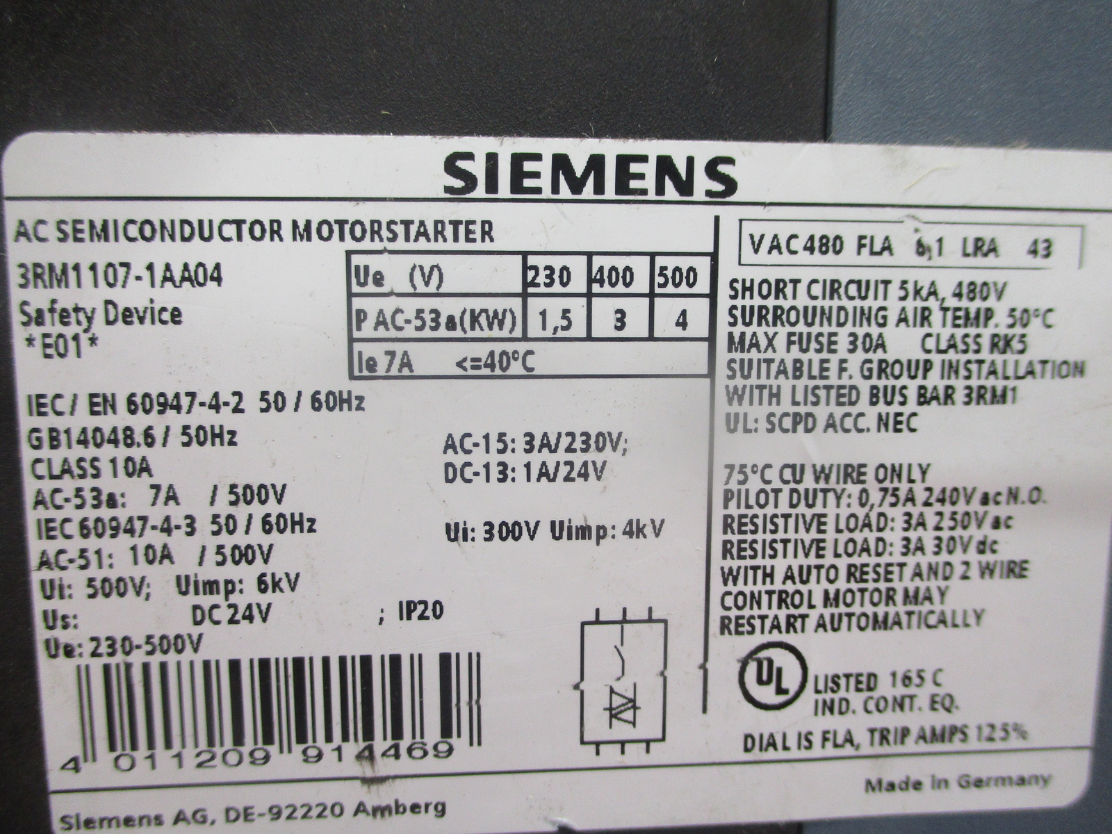 SIEMENS 3RM1107-1AA04 STARTER 1.6-10AMP NSNP