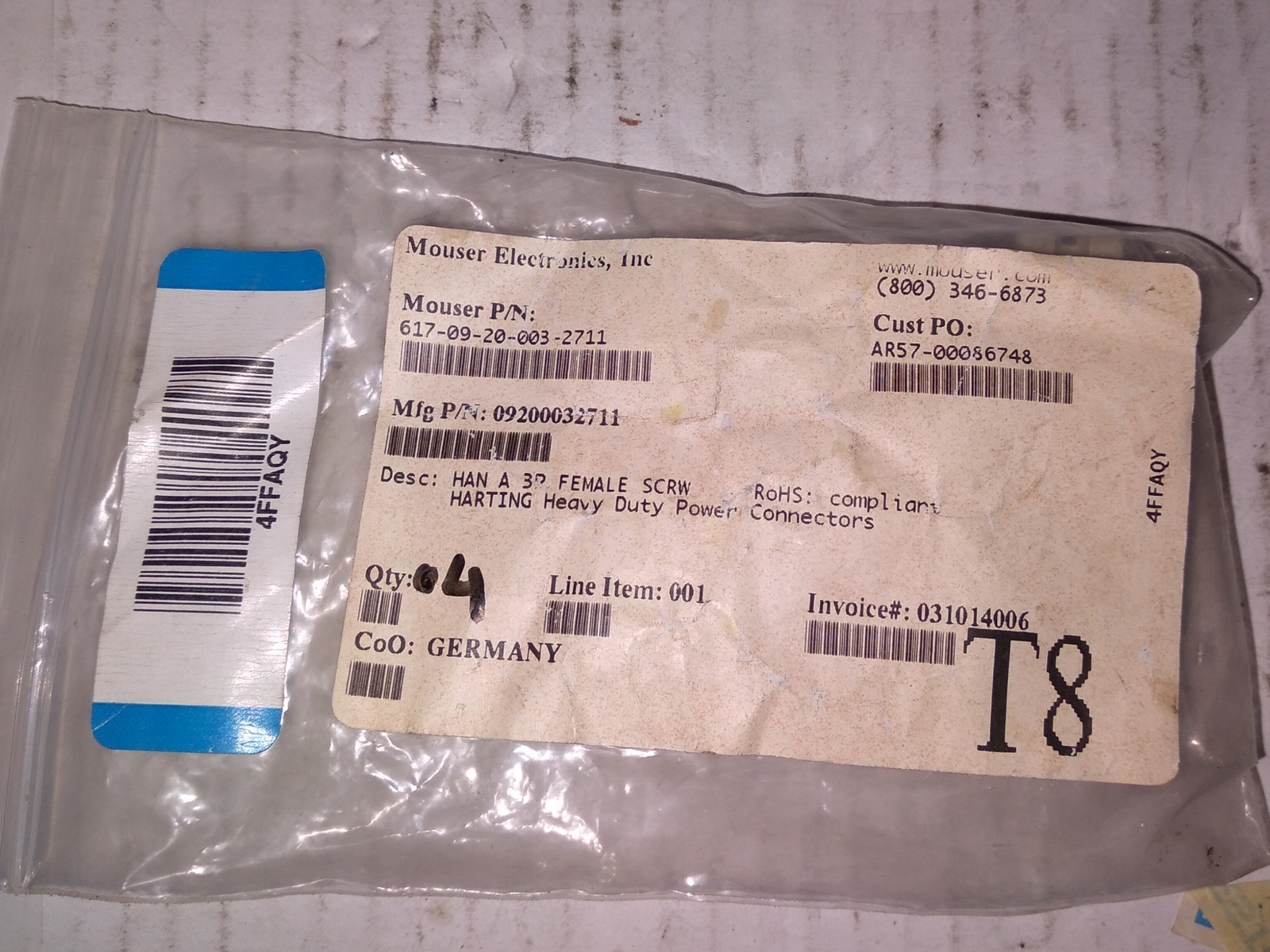 MOUSER ELECTRONICS 617-09-20-003-2711 HAN A 3P FEMALE SCREW 031014006 ‘4 PER BAG
