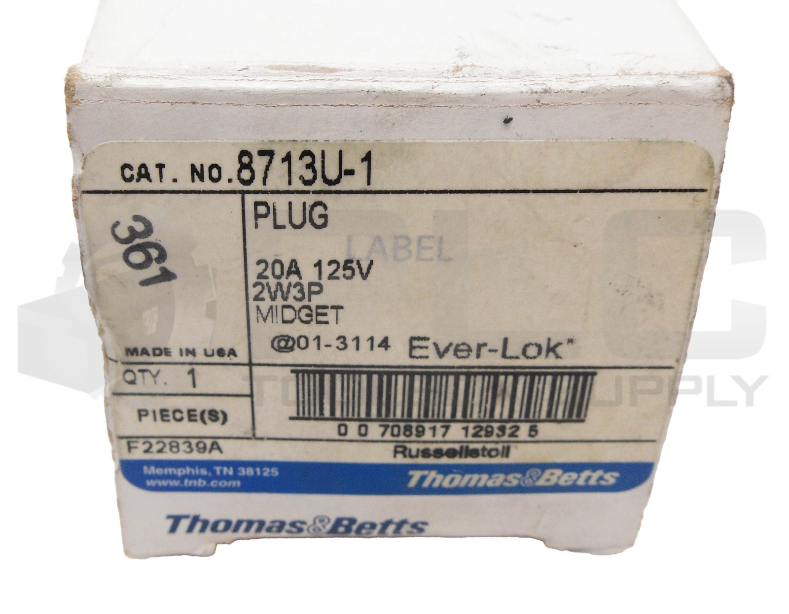 NEW THOMAS & BETTS 8713U-1 EVER-LOK PLUG 20A 125V